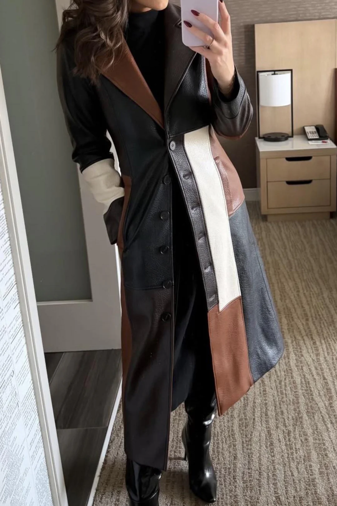 Faux Leather Contrast Notched Lapell Coat - Flockneti