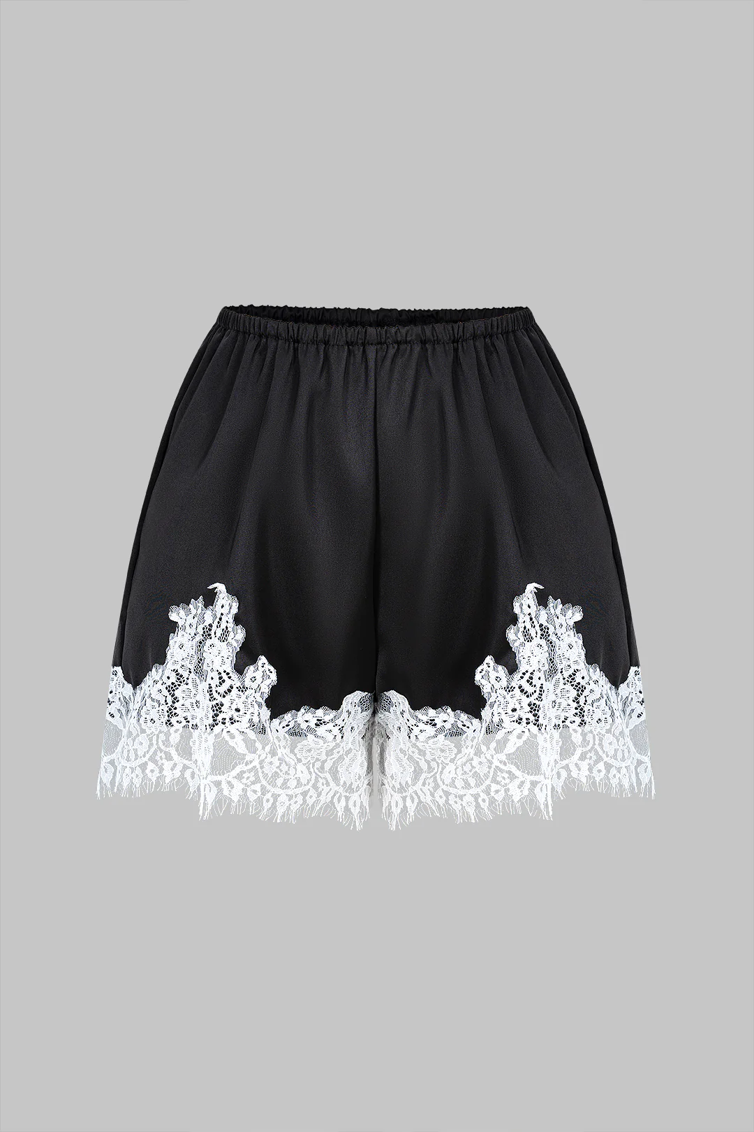 Satin Patchwork Lace Trim Shirred Waistband Shorts - Flockneti
