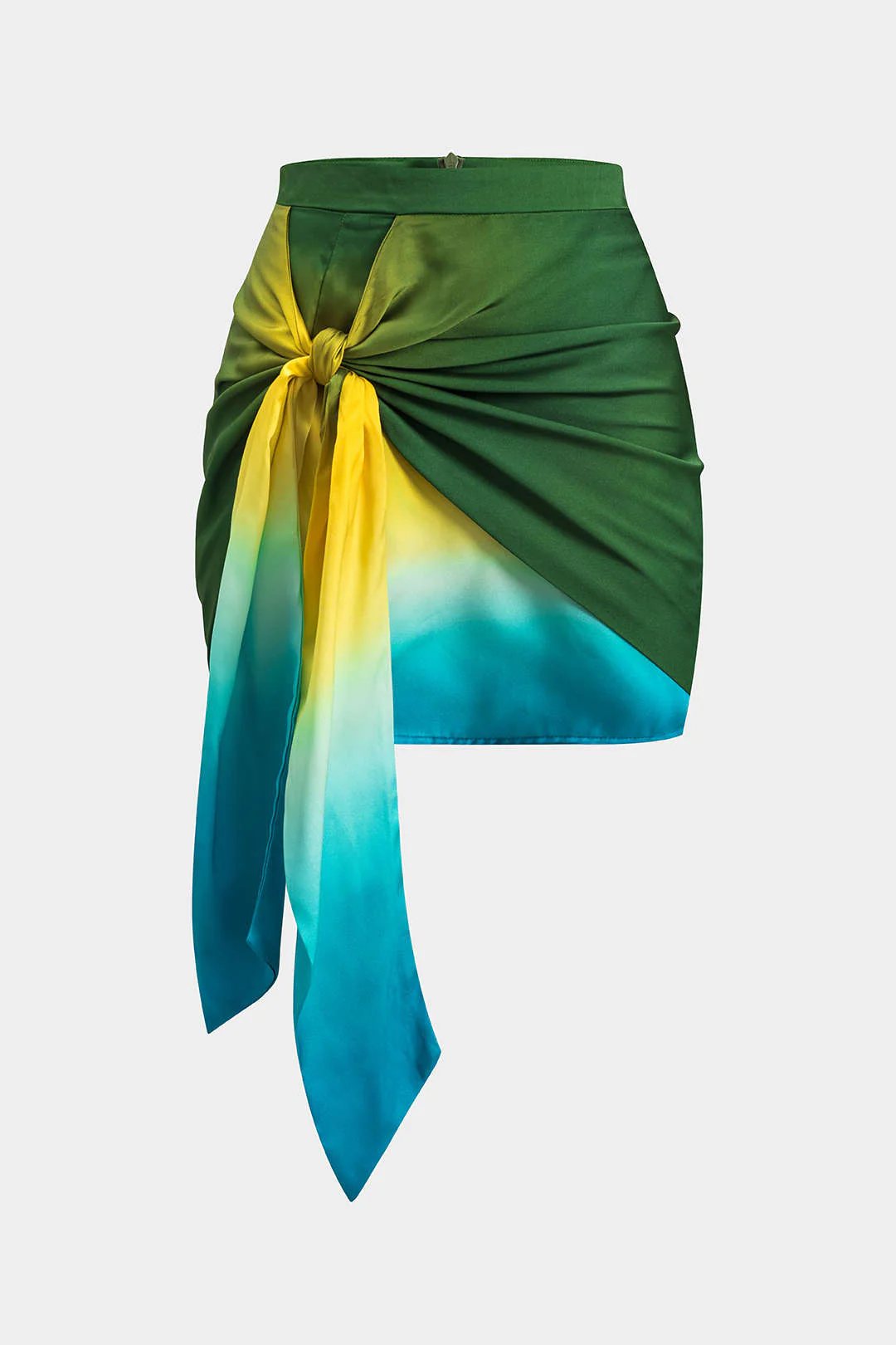 Ombre Print Satin Ruched Tie Front Zipper Skirt - Flockneti
