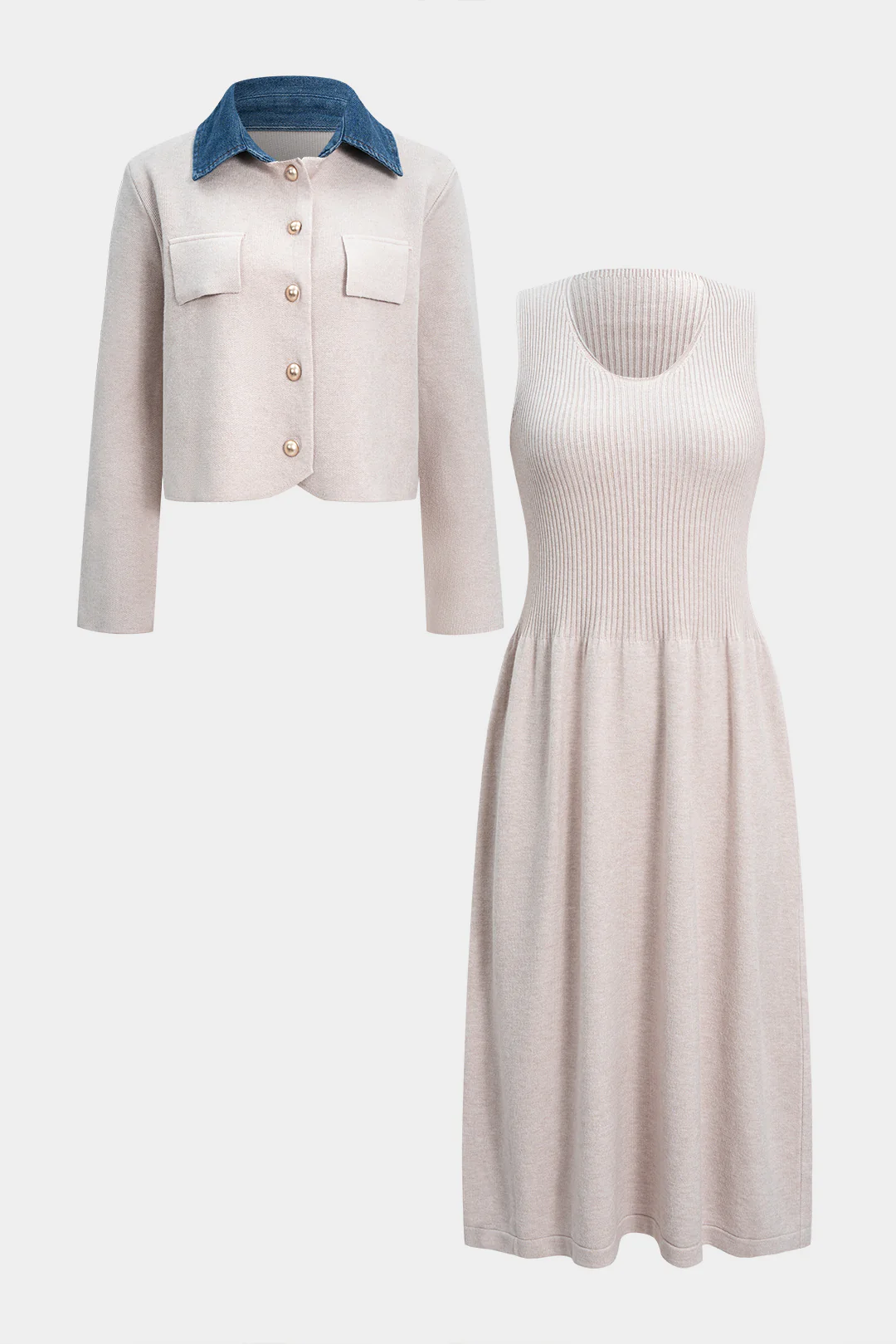 Knit Patchwork Button Cardigan And Ribbed Sleeveless Dress Set - Flockneti