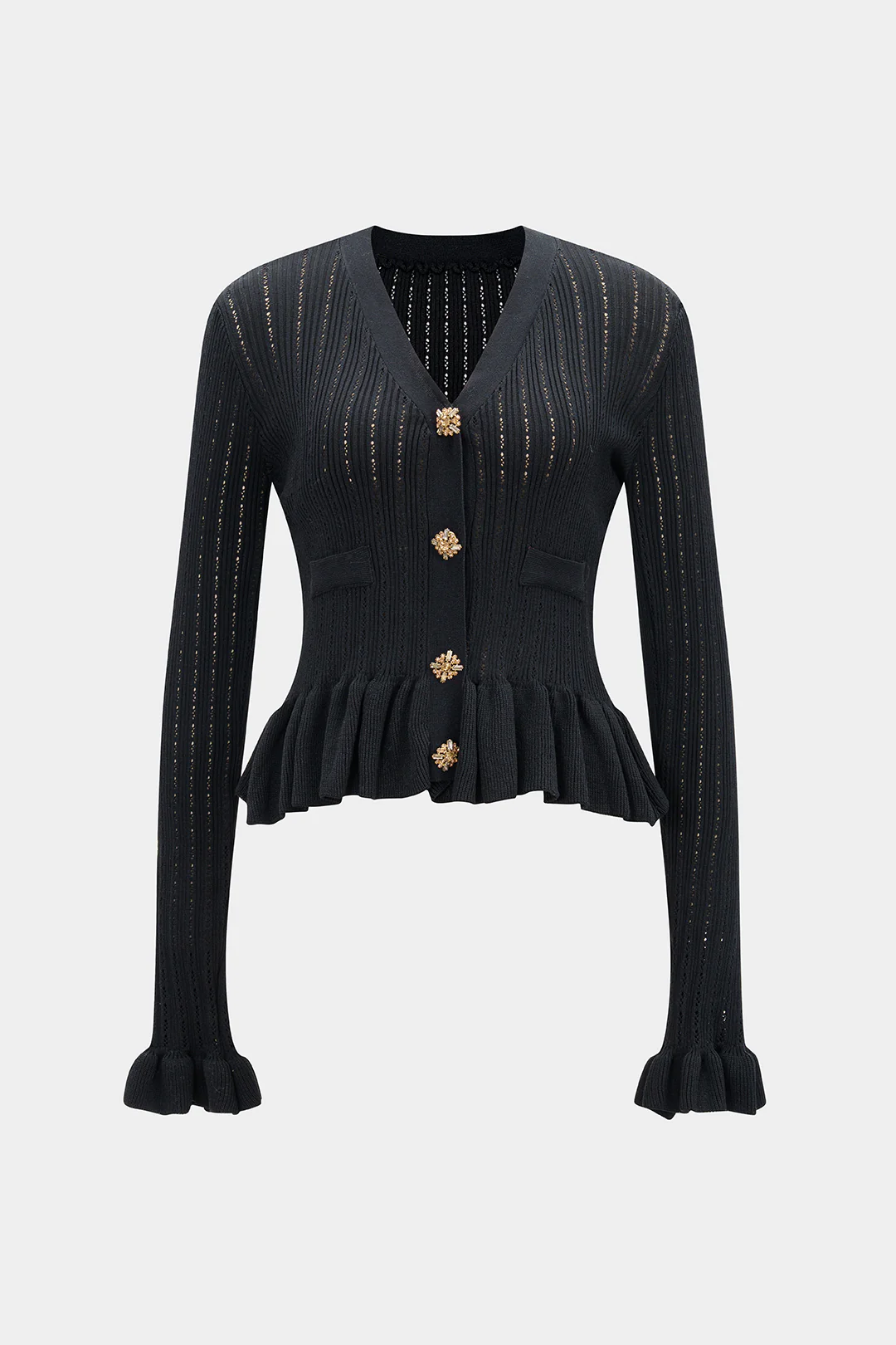 Knit Ruffle V-Neck Metallic Button Cardigan - Flockneti