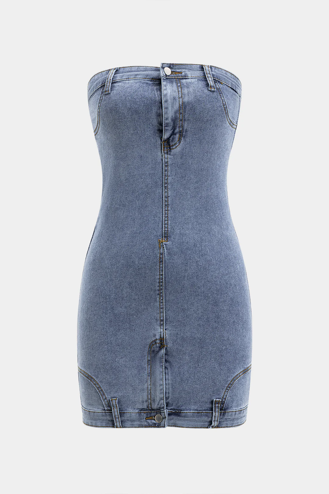 Denim Off Shoulder Double Waistband Button Zipper Sleeveless Dress - Flockneti