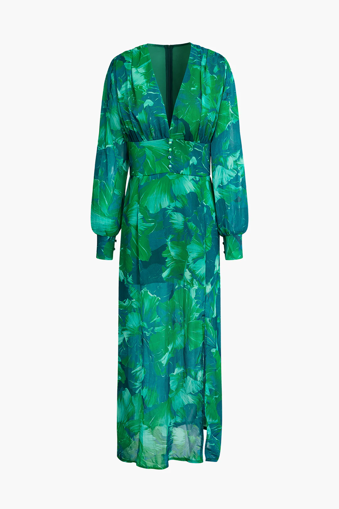 Chiffon Ombre Floral Print V-Neck Long Sleeve Slit Maxi Dress - Flockneti