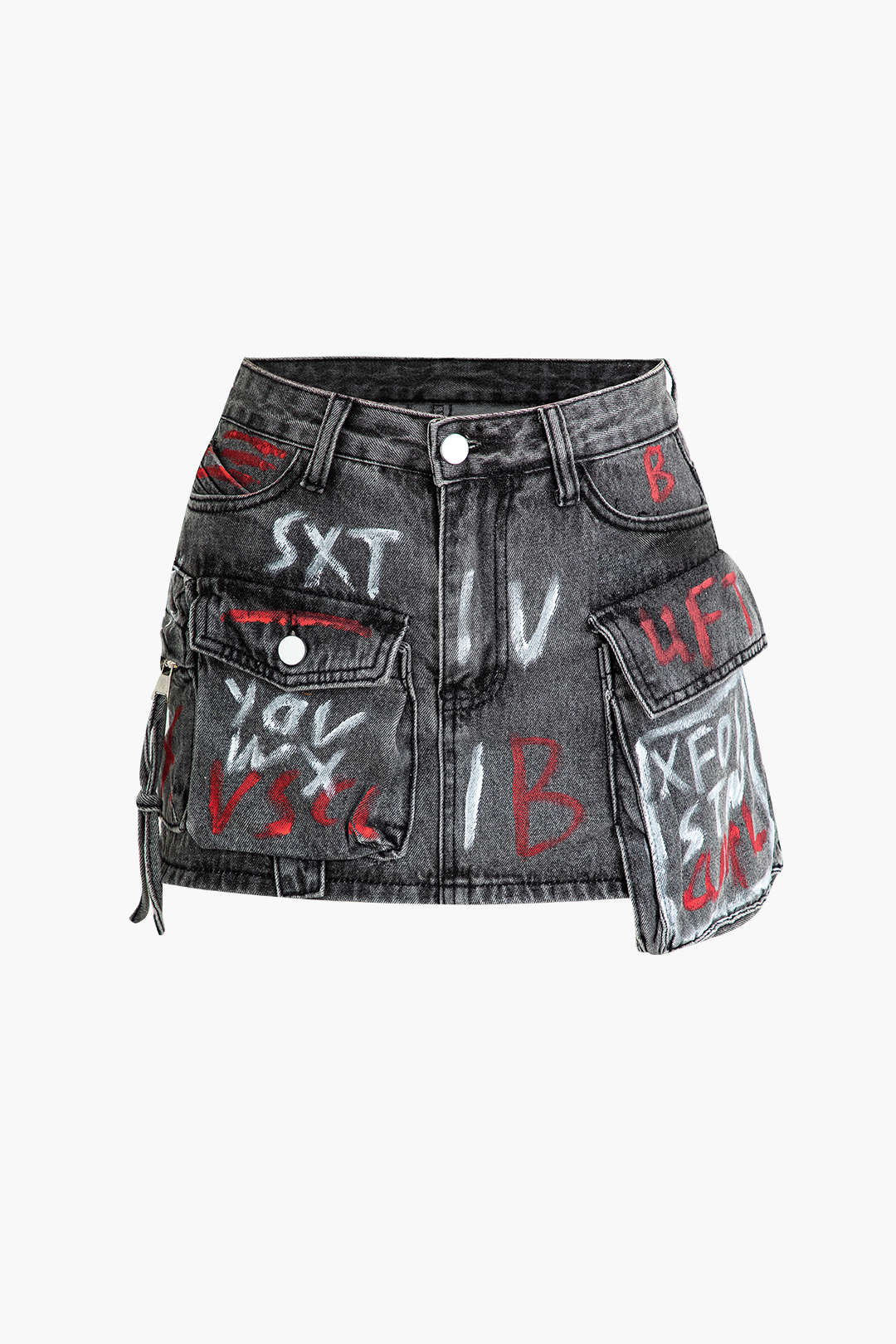 Graffiti Flap Pocket Denim Mini Skirt - Flockneti