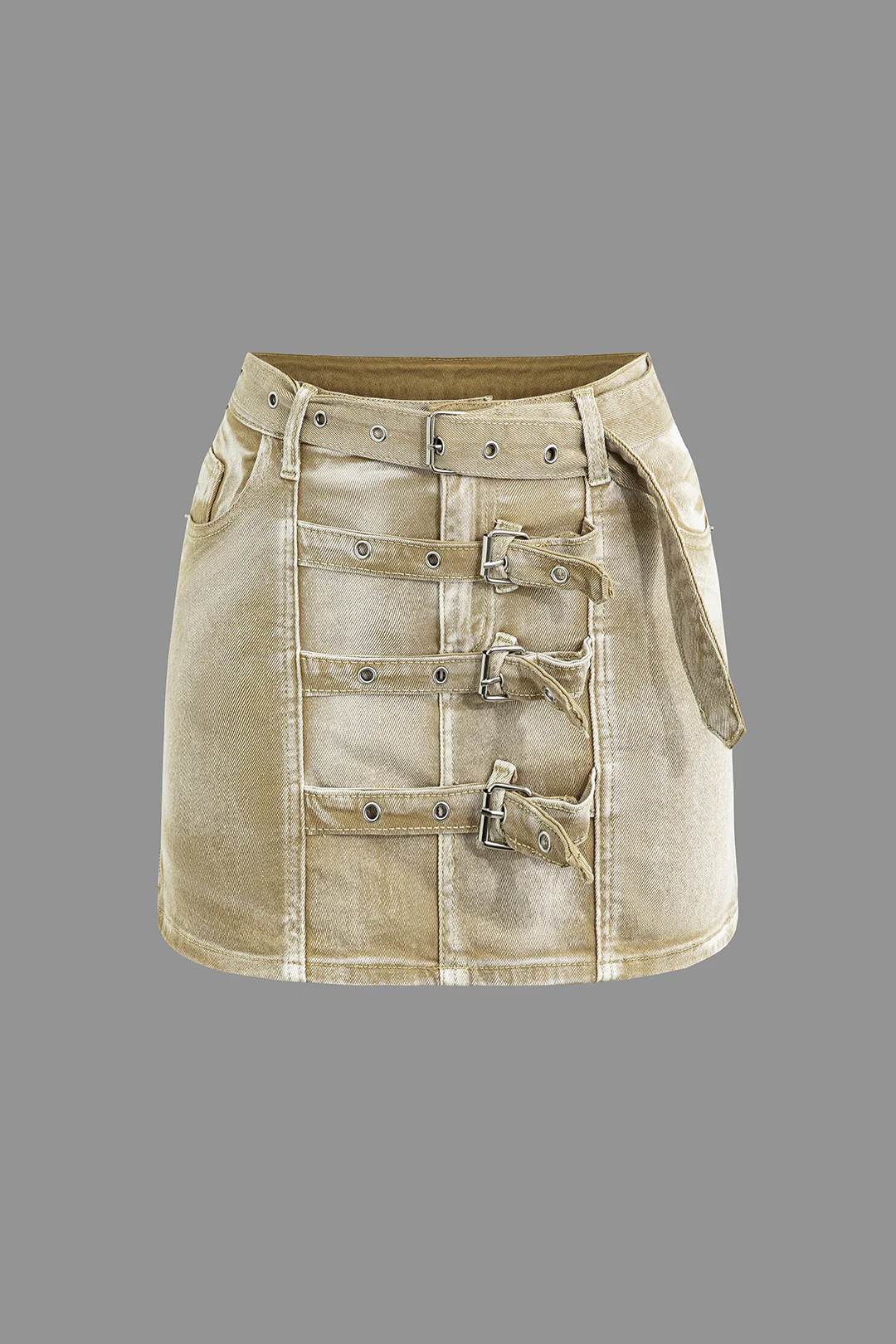 Denim Multiple Button Belted Skirt - Flockneti