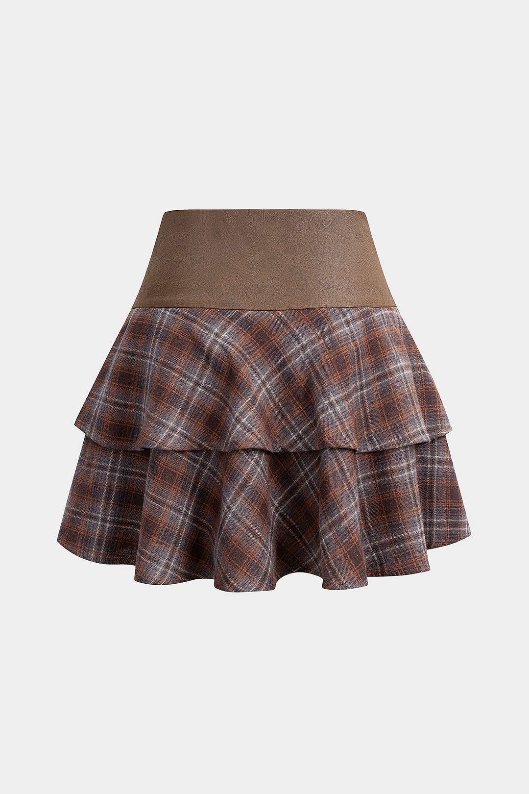 Plaid Print Faux Leather Patchwork Layered Ruffle Hem Skirt - Flockneti