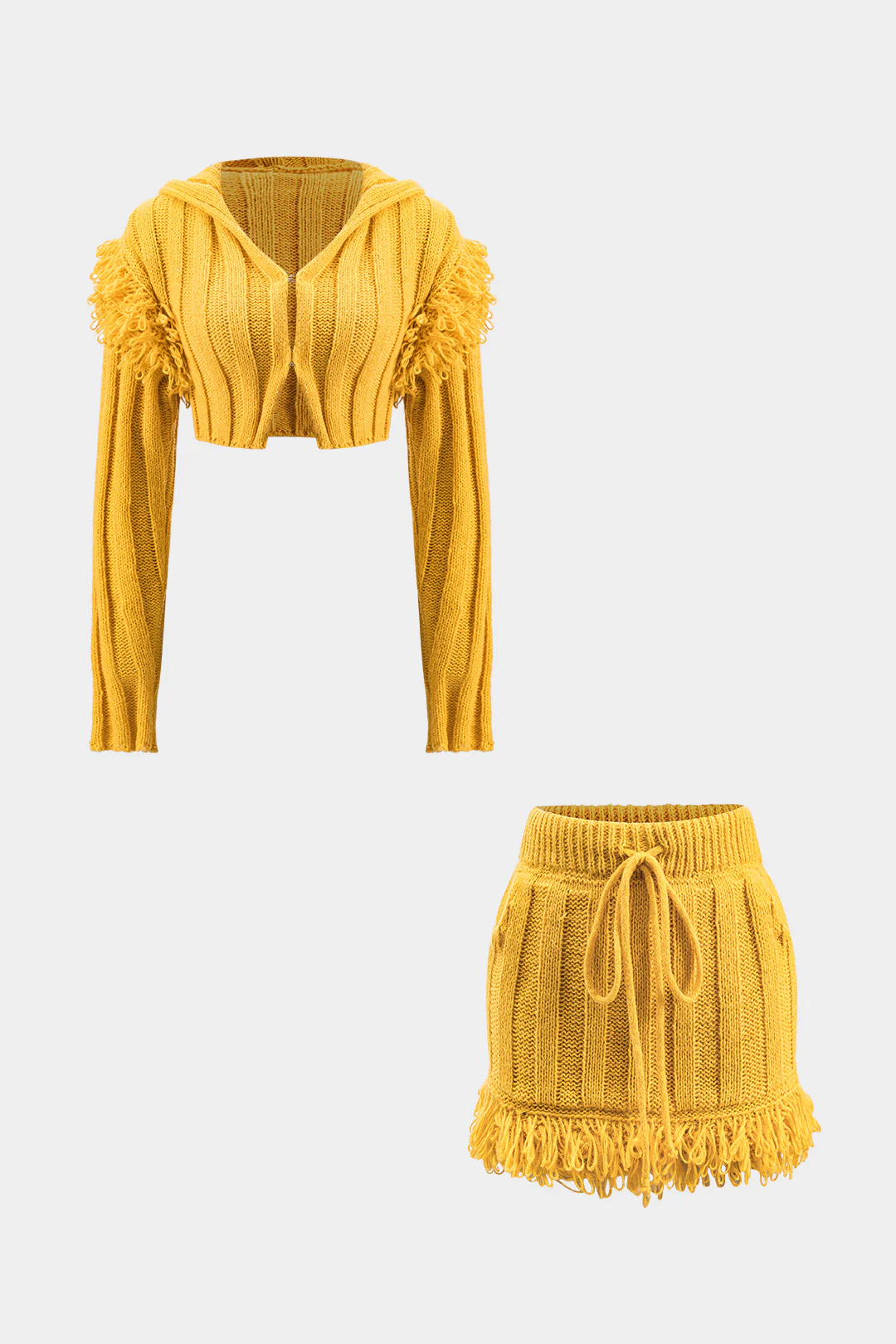 Knit Fringe Long-Sleeve Top And Drawstring Tie-Up Mini Skirt Set - Flockneti