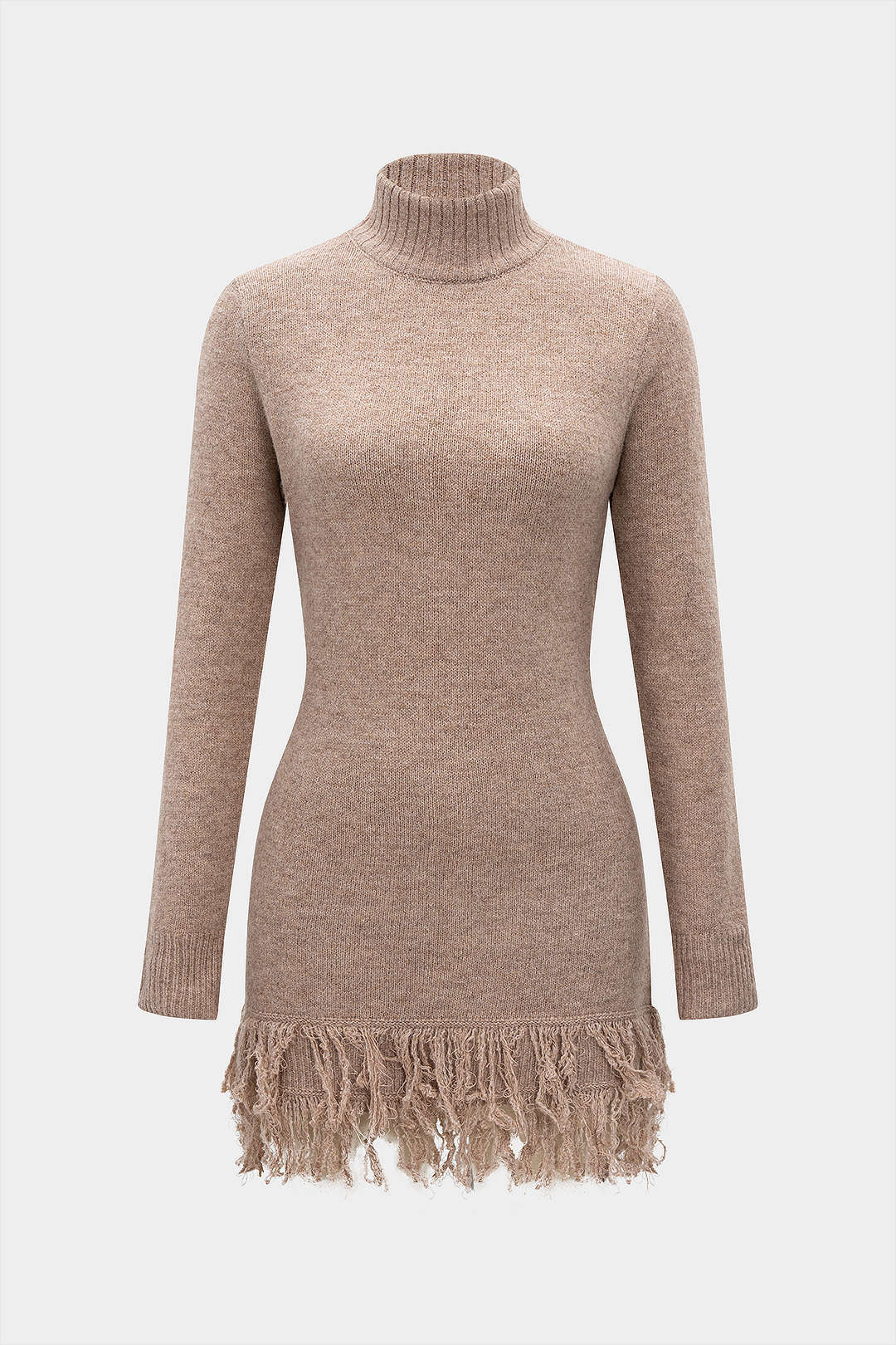 Knit Fringe Mock Neck Long Sleeve Dress - Flockneti