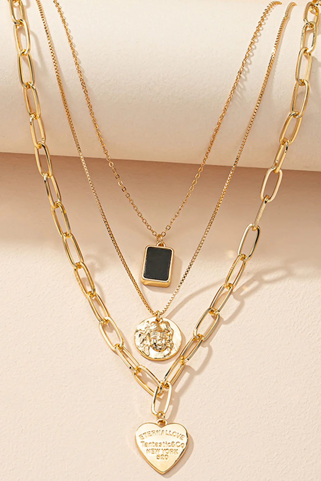 Metal Layered Heart Pendant Necklace - Flockneti
