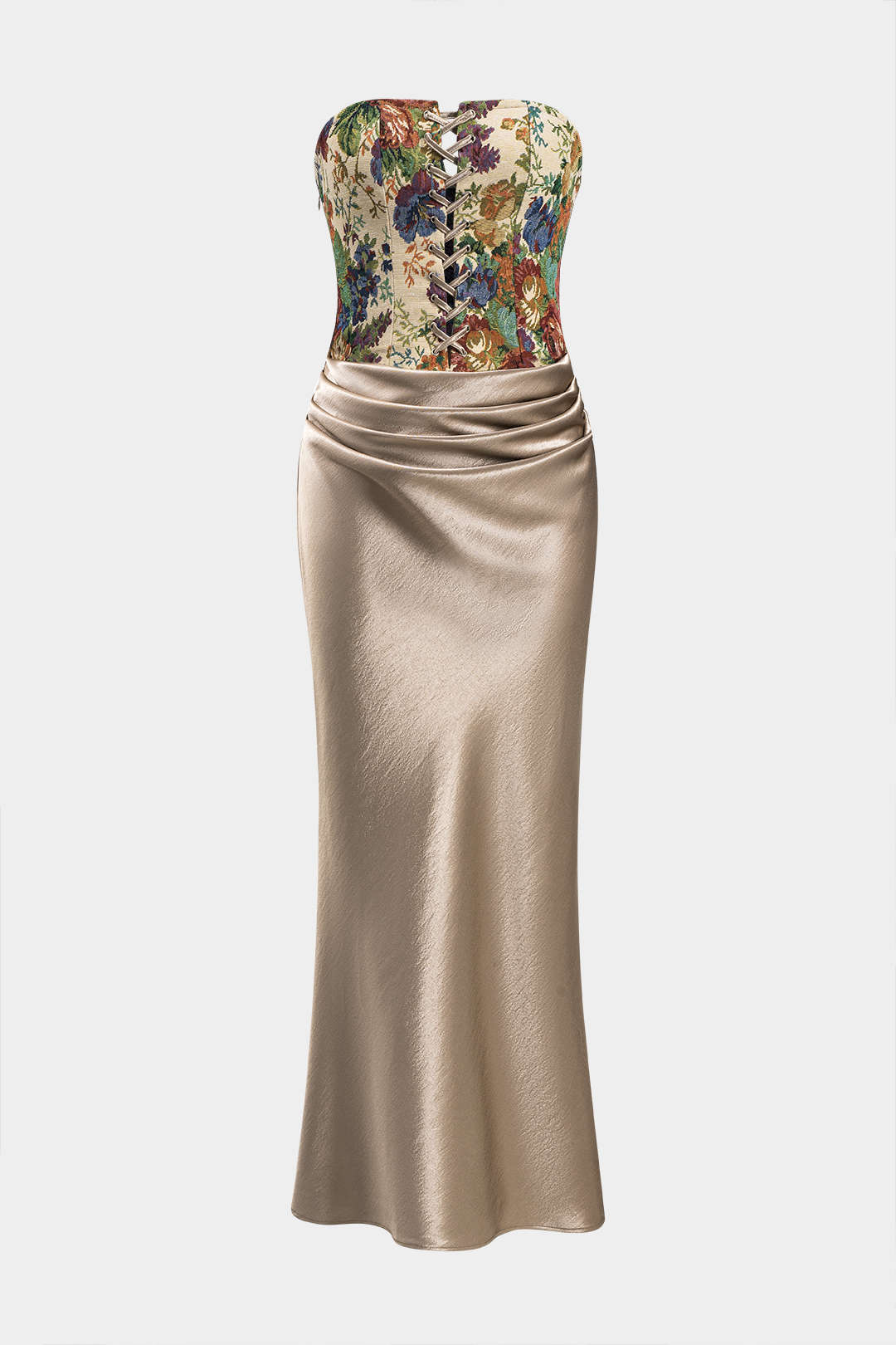 Satin Embroidery Ruched Drawstring Strapless Maxi Dress - Flockneti