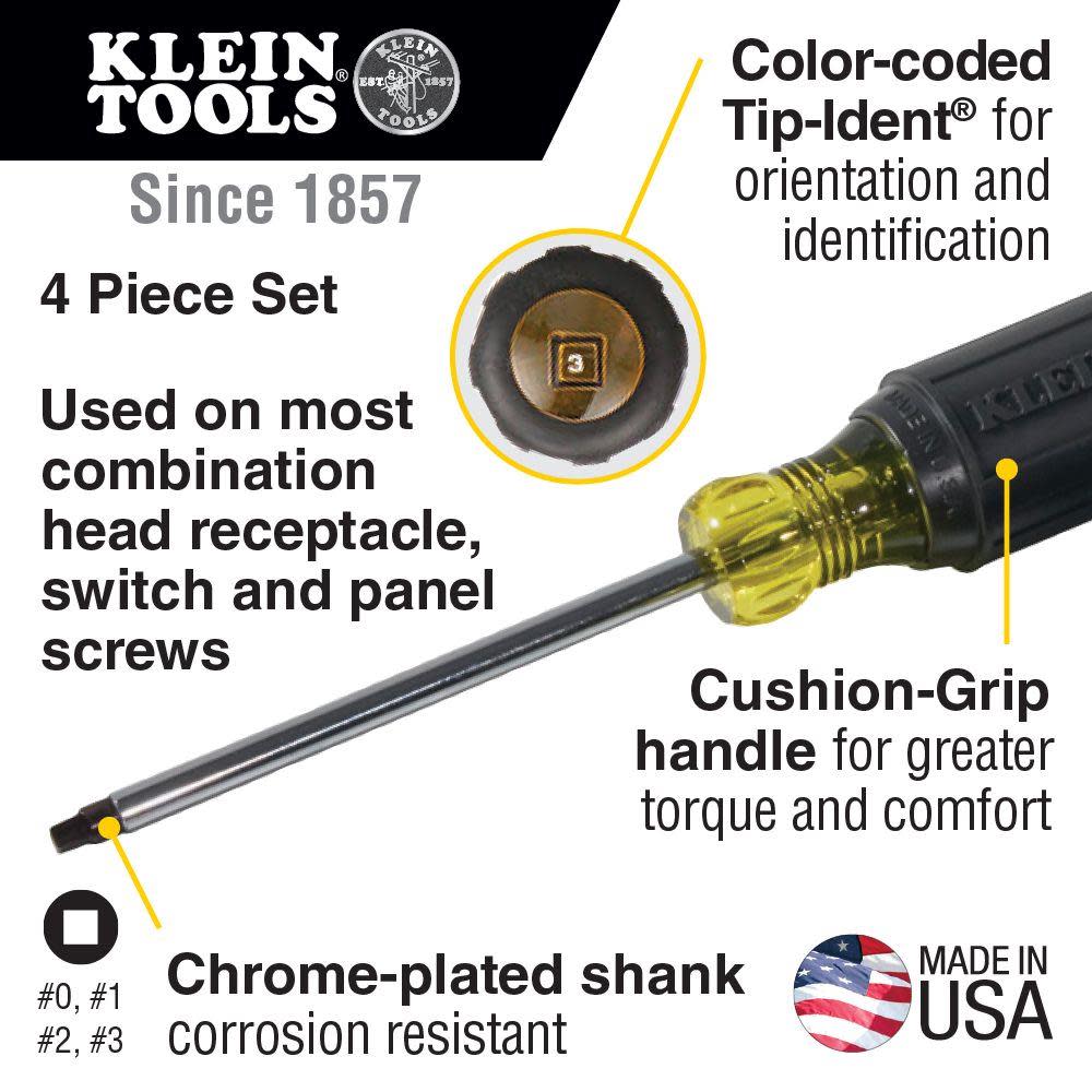 Klein Tools Square Recess Screwdriver Set 4 Pc - Flockneti