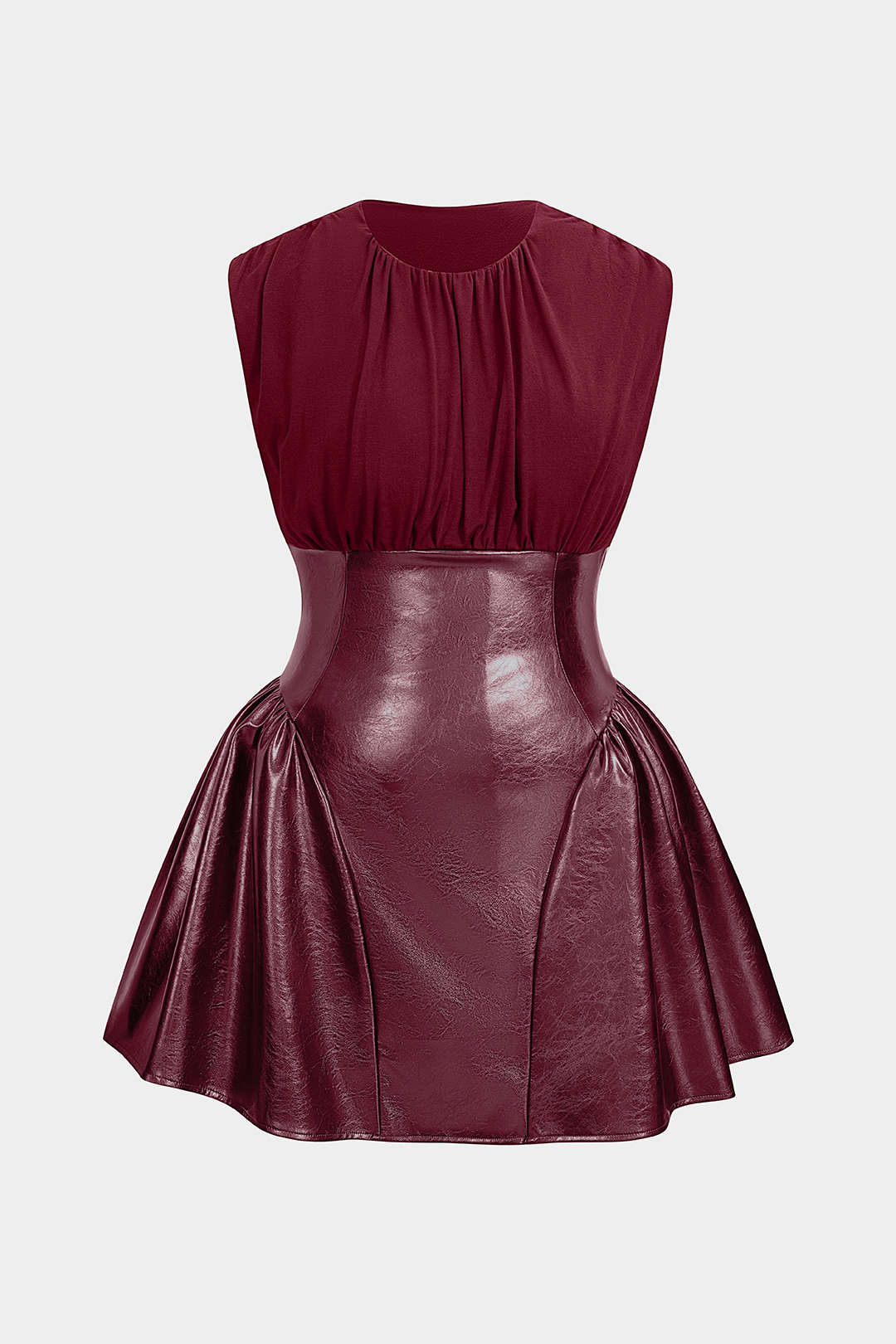 Plus Size Faux Leather Patchwork Ruched Sleeveless Mini Dress - Flockneti