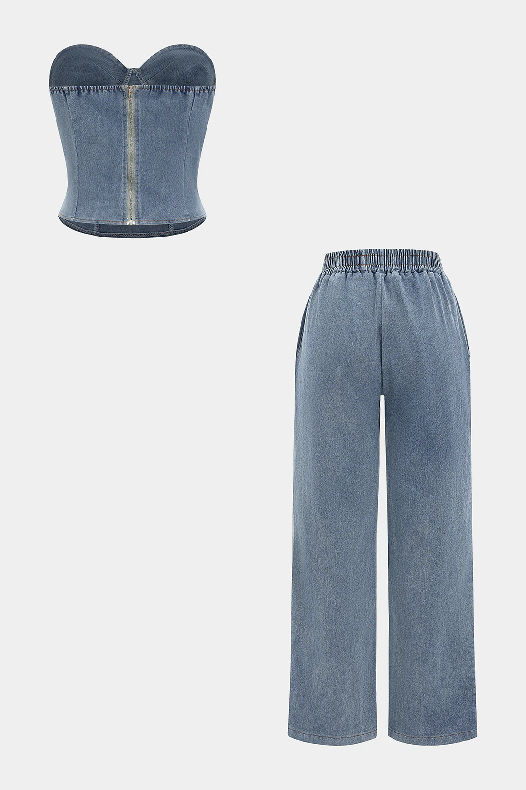 Denim Zipper Tube Top And Jeans Set - Flockneti