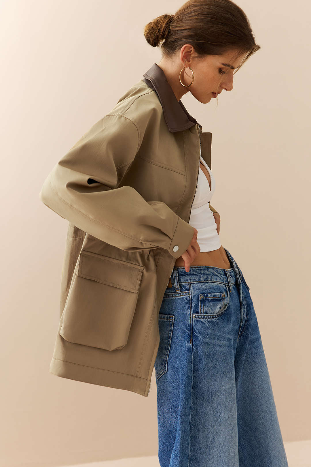 Faux Leather Patchwork Pocket Zipper Jacket - Flockneti