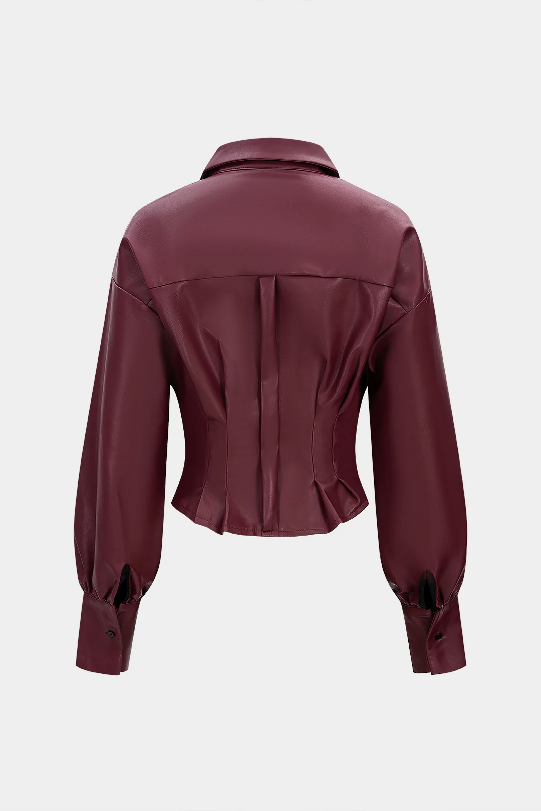 Faux Leather Pleated Belted Long-Sleeve Shirt - Flockneti