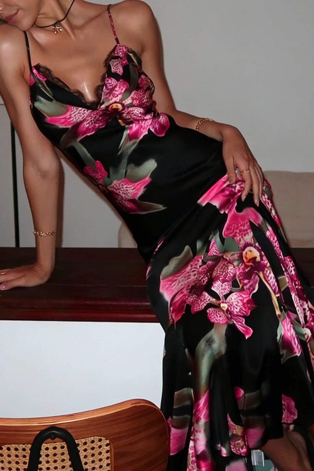 Floral Print Satin Patchwork Lce Trim V-Neck Slip Sleeveless Maxi Dress - Flockneti