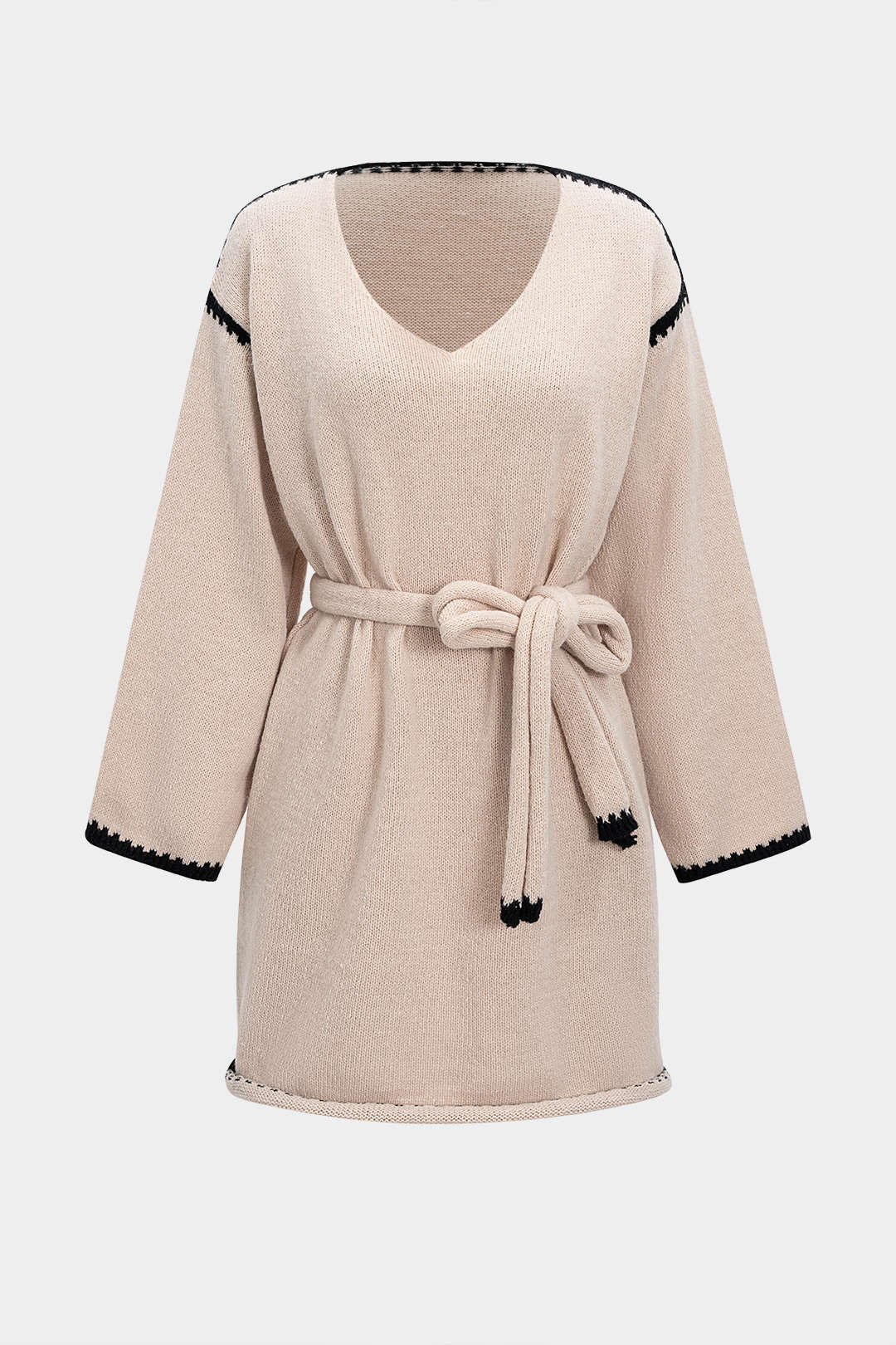 Knit V-Neck Contrast Binding Tie-Up Long Sleeve Dress - Flockneti