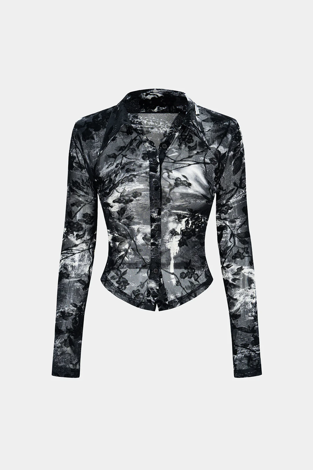 Sheer Floral Print Lapel Long Sleeve Top - Flockneti