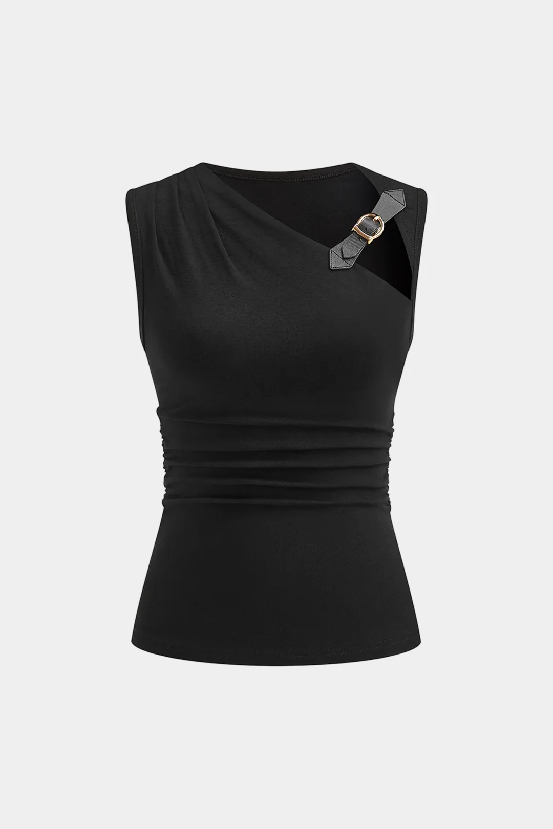 Solid Ruched Asymmetrical Buckle Detail Tank Top - Flockneti