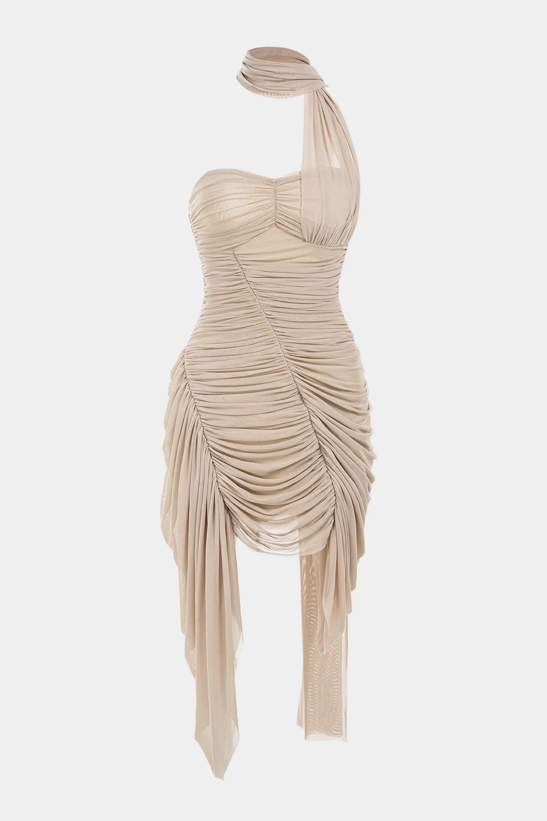 Mesh Patchwork Asymmetrical Ruched Backless Ruched Sleeveless Mini Dress With Scarf - Flockneti