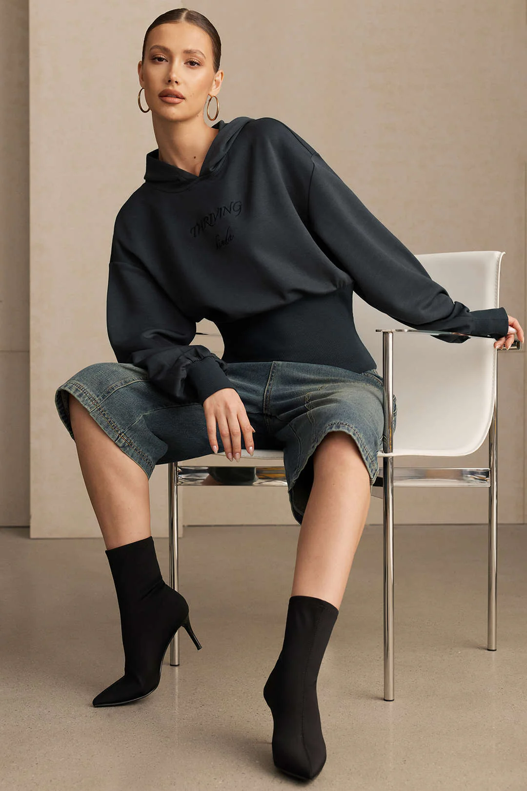 Letter Embroidery Long-Sleeve Hoodie - Flockneti