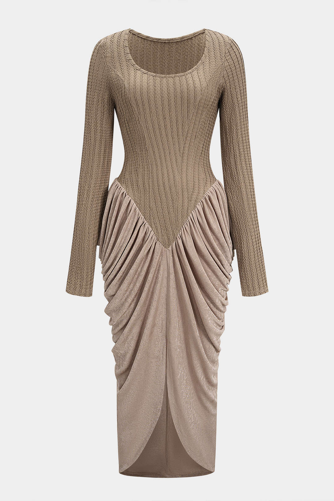Round Neck Patchwork Ruched Long Sleeve Maxi Dress - Flockneti