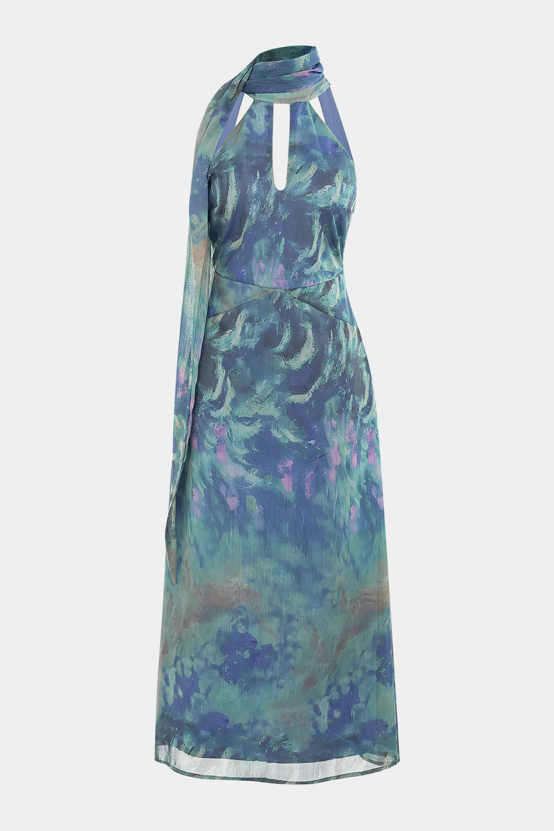 Tie Dye Print Mesh Halter Neck Cut Out Sleeveless Maxi Dress With Scarf - Flockneti