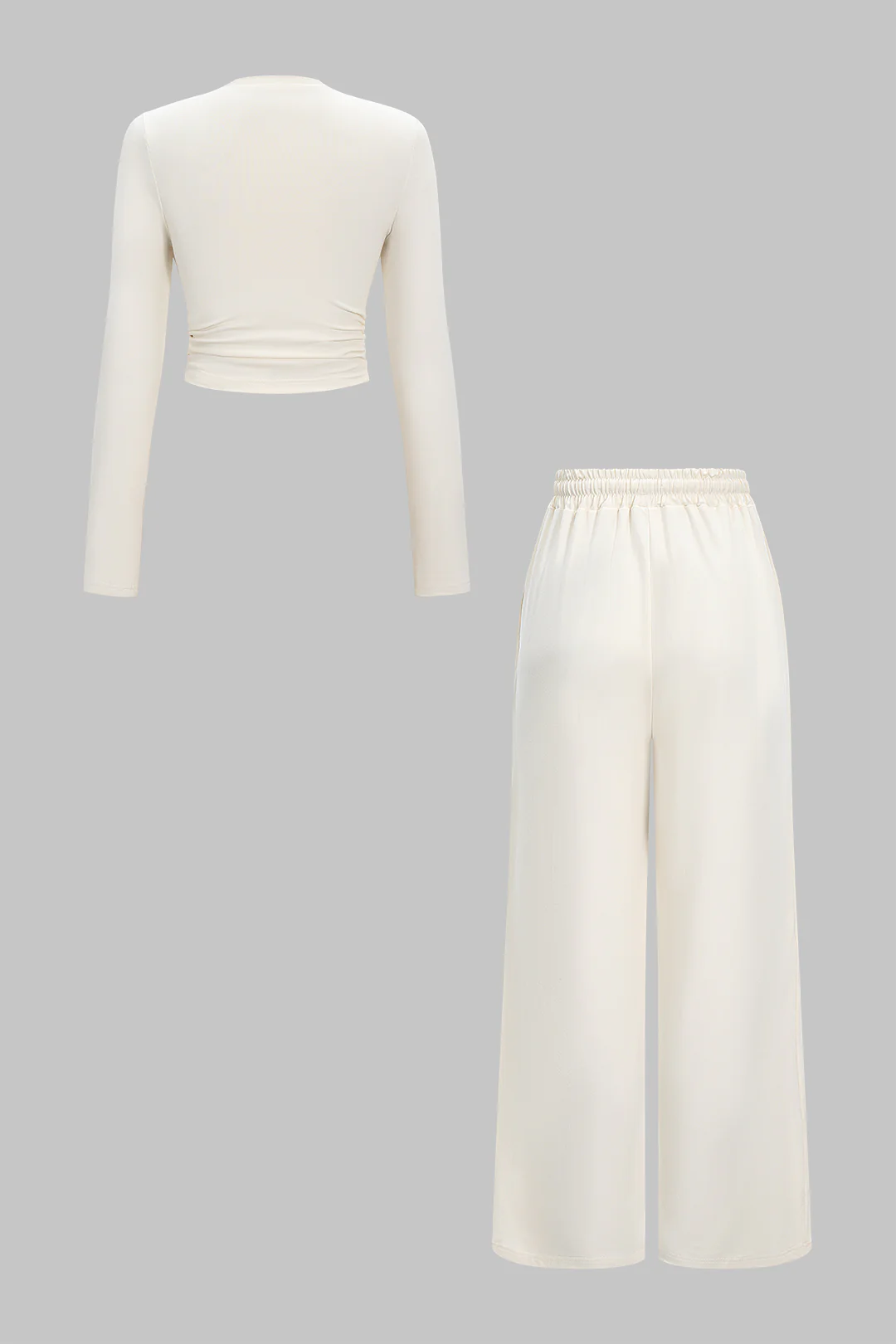 Ruched Long-Sleeve Top And Tie-Up High Waist Wide Leg Trousers Set - Flockneti