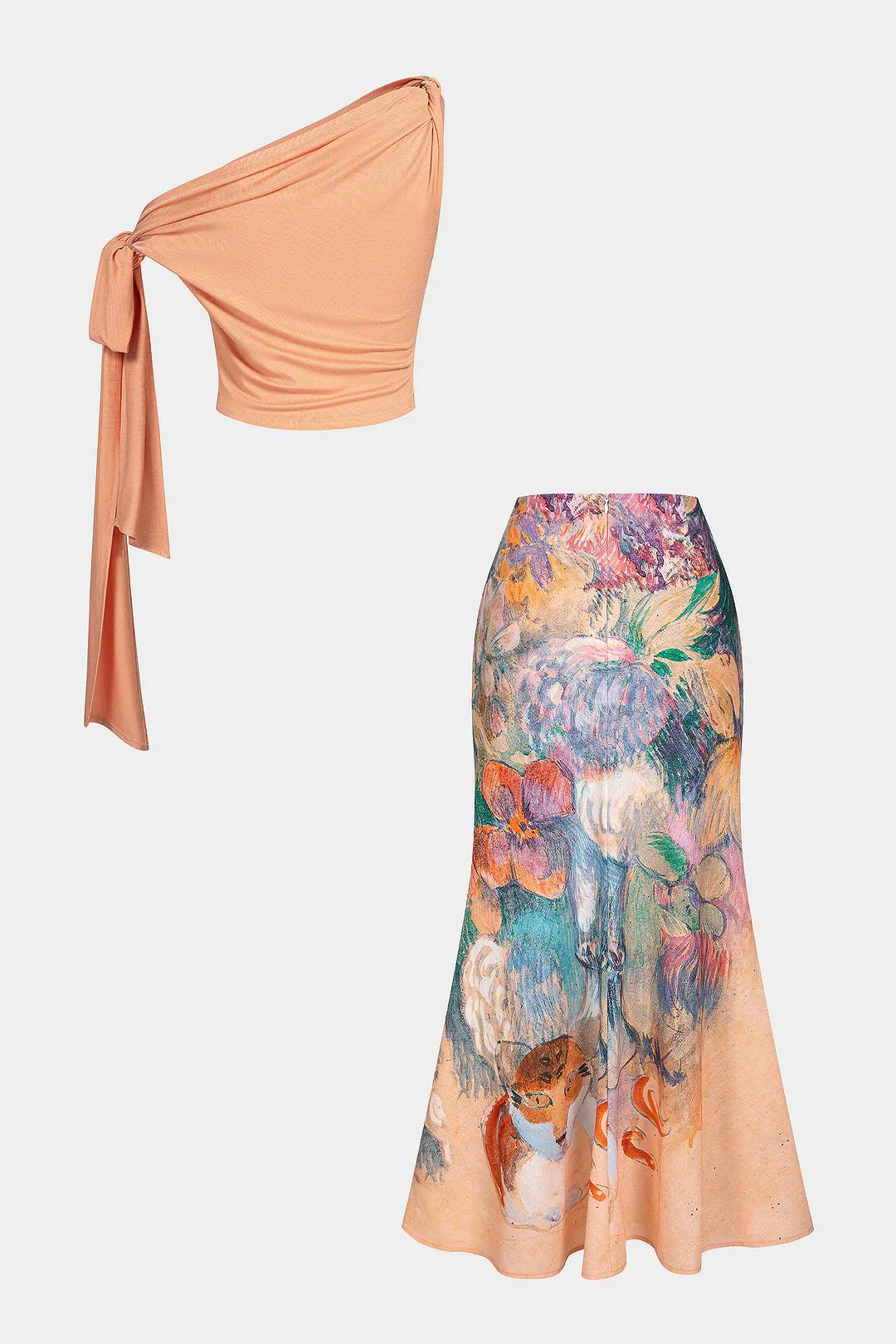 Linen Patchwork One Shoulder Tie-Up Tank Top And Floral Print Skirt Set - Flockneti