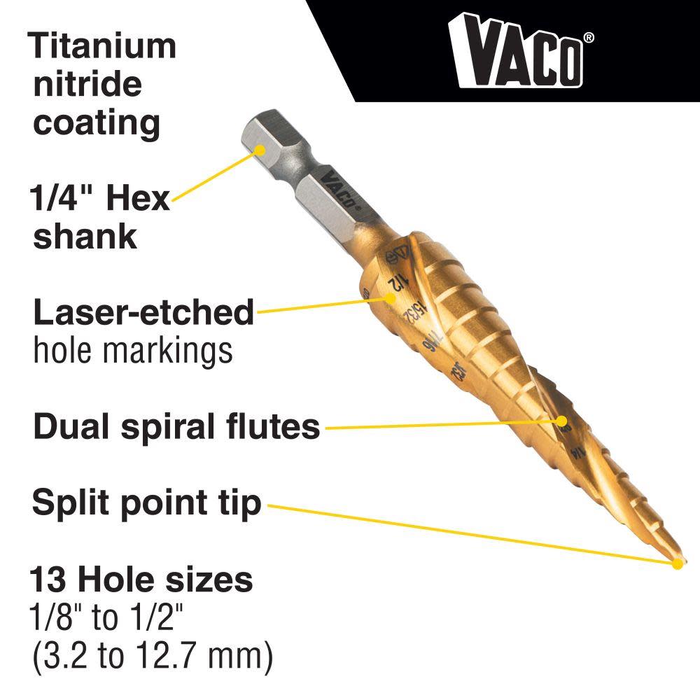 Klein Tools 1/8″ to 1/2″ Step Drill Bit VACO - Flockneti