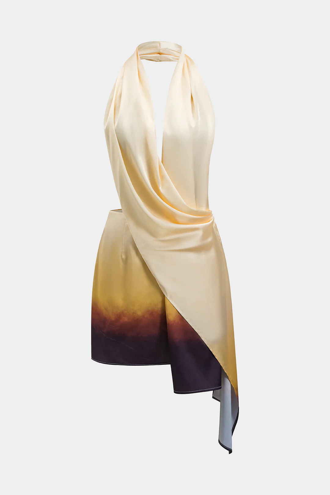 Ombre Print Satin Ruched Asymmetrical Backless Halter Two-Piece Mini Dress - Flockneti