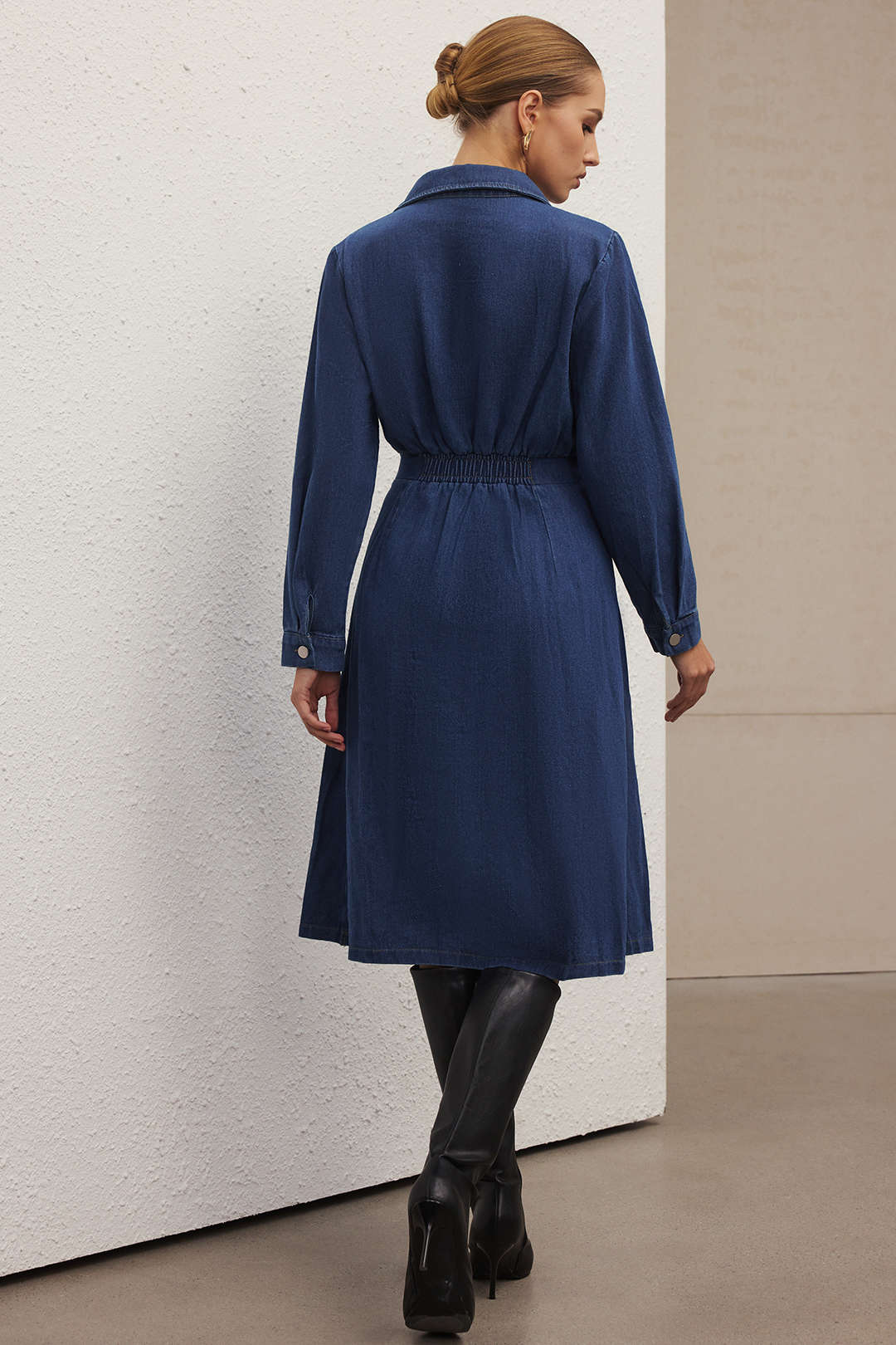 Denim Button Belted Long Sleeve Dress - Flockneti