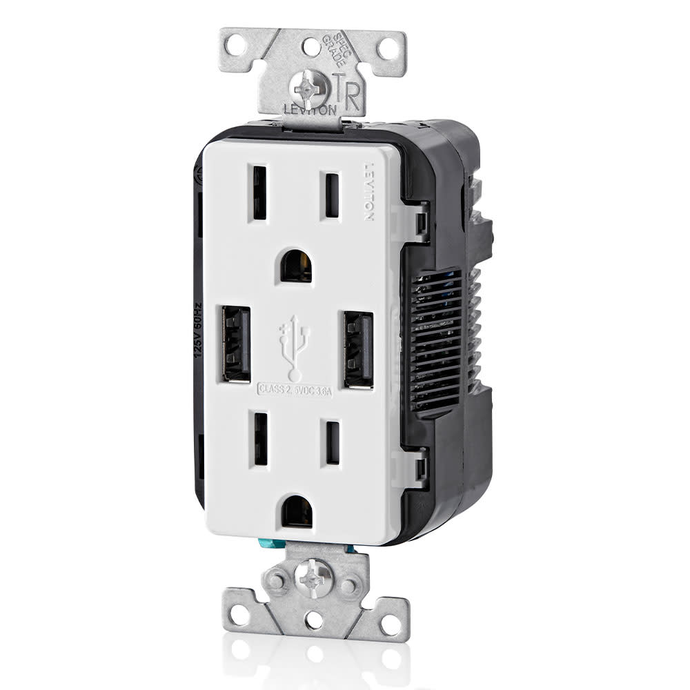 Leviton Receptacle/Outlet & 3.6A USB Charger 15A 125V White - Flockneti