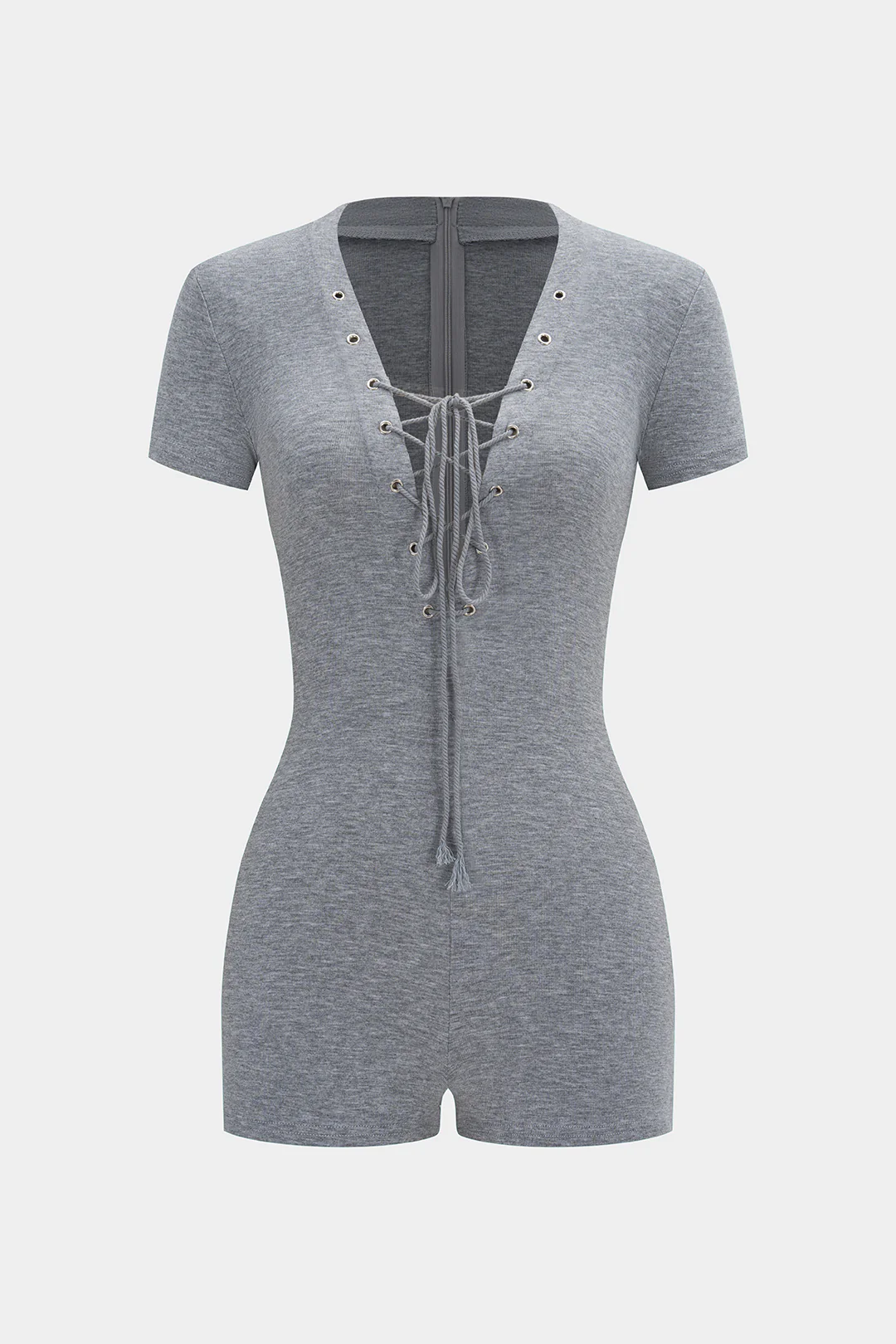Zipper Strappy V-Neck Short Sleeve Romper - Flockneti