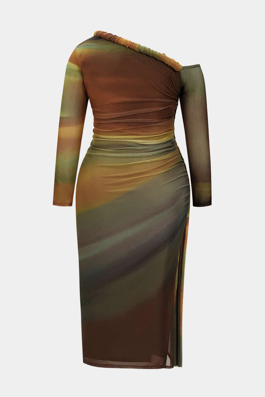 Plus Size Colorblock Print Mesh Ruched Asymmetrical Long Sleeve Midi Dress - Flockneti
