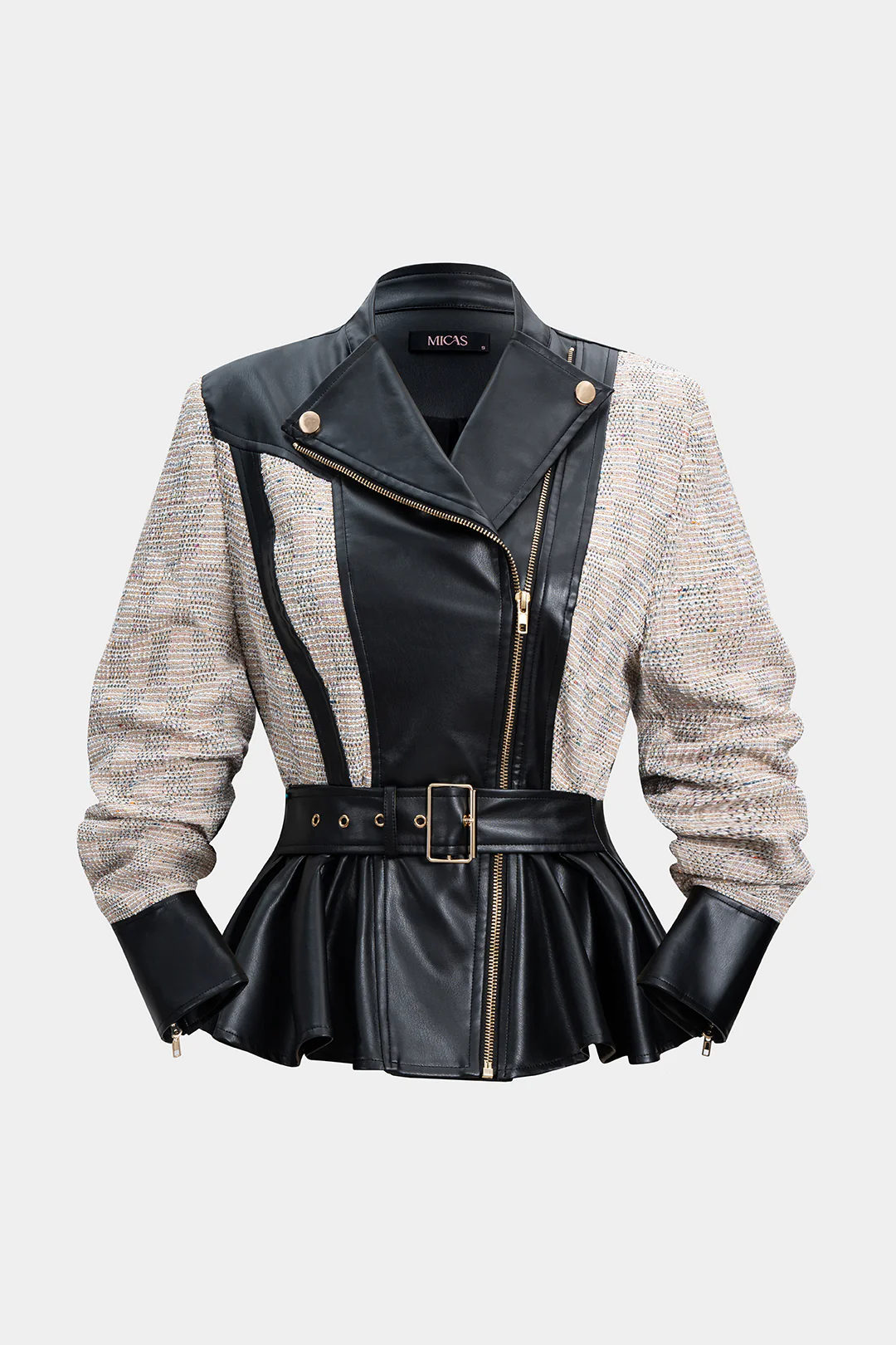 Faux Leather Patchwork Belted Zipper Jacket - Flockneti