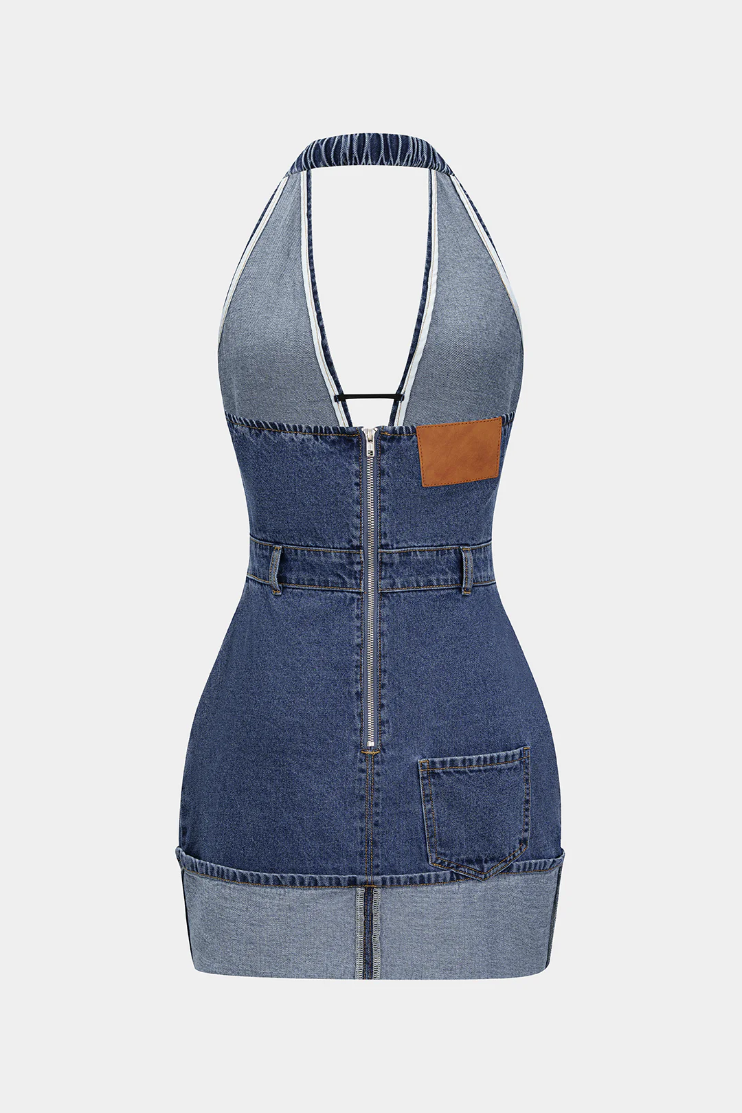 Denim Backless Washed Zipper Halter Mini Dress - Flockneti