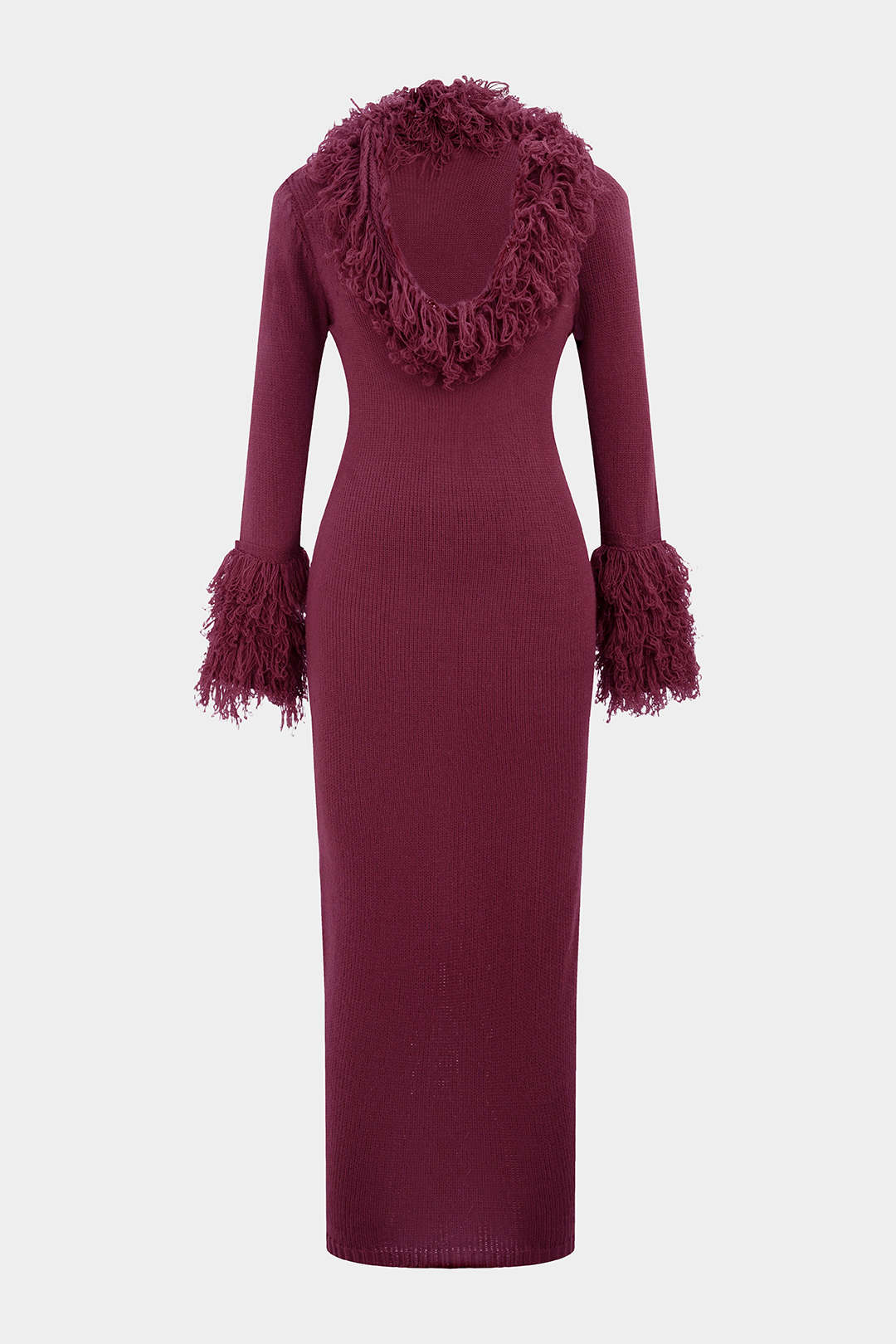 Knit Fringe Trim Deep V-Neck Long Sleeve Dress - Flockneti