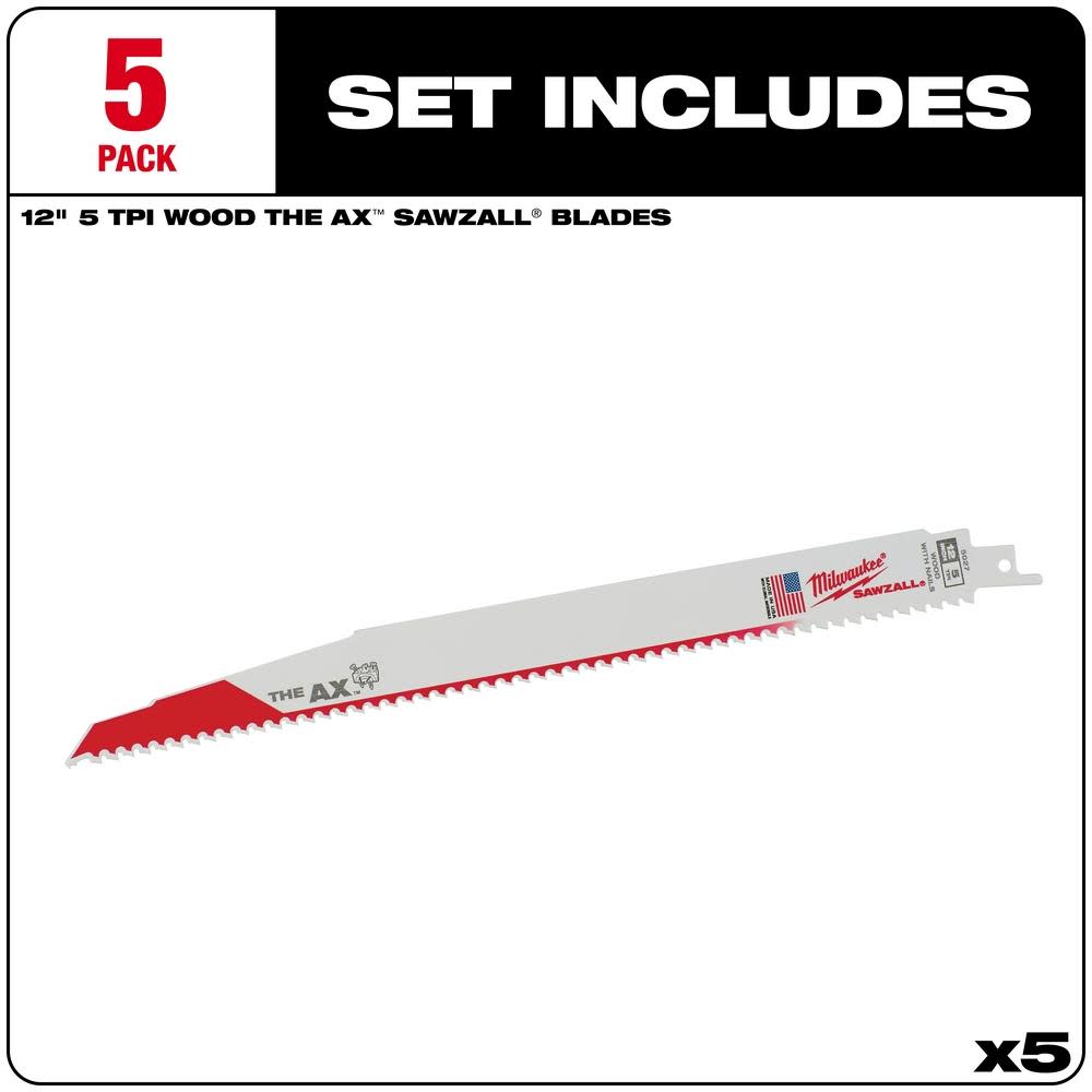Milwaukee 12 in. 5 TPI The Ax SAWZALL Blade 5PK - Flockneti