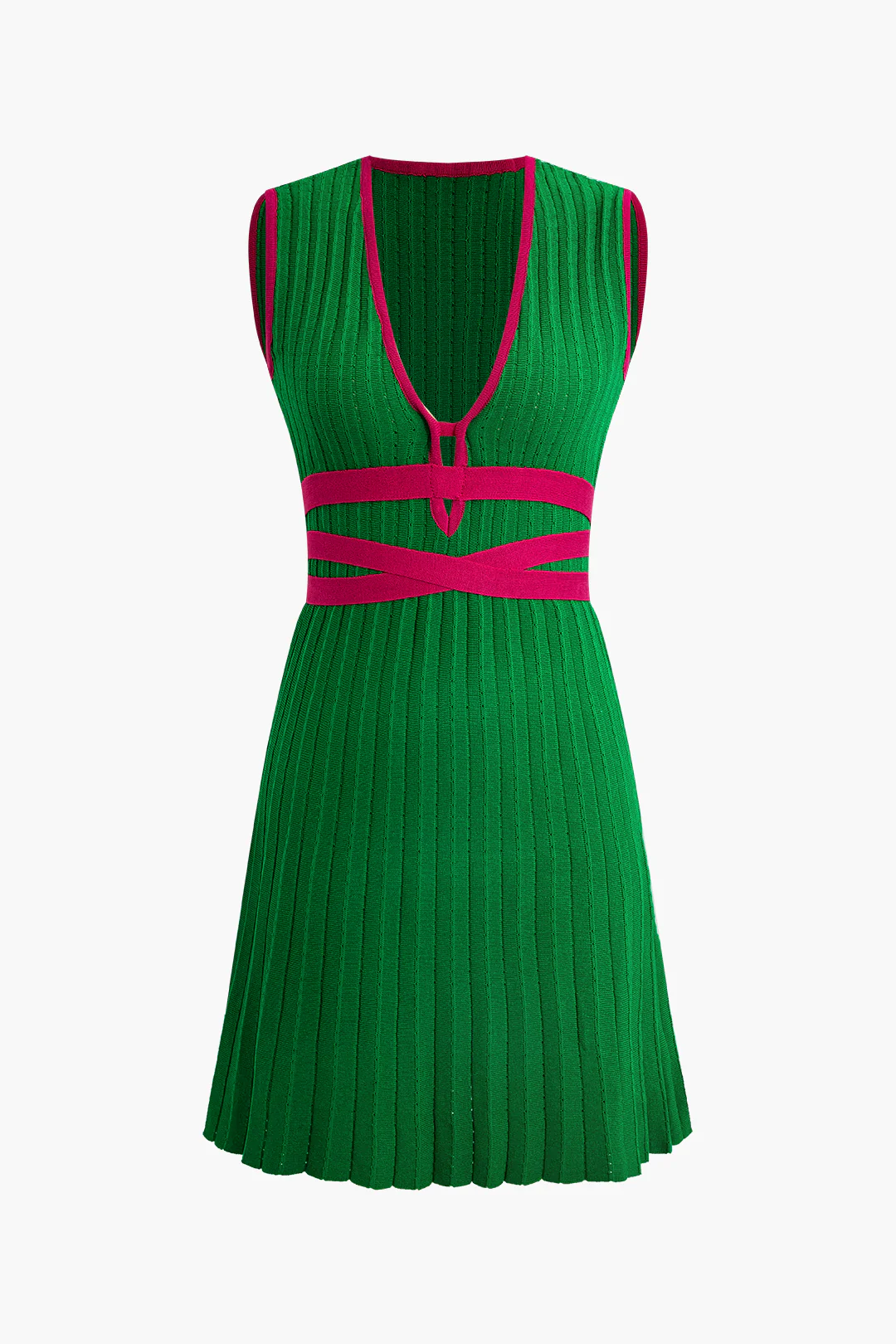 Knit Contrast Deep V-Neck Pleated Sleeveless Dress - Flockneti