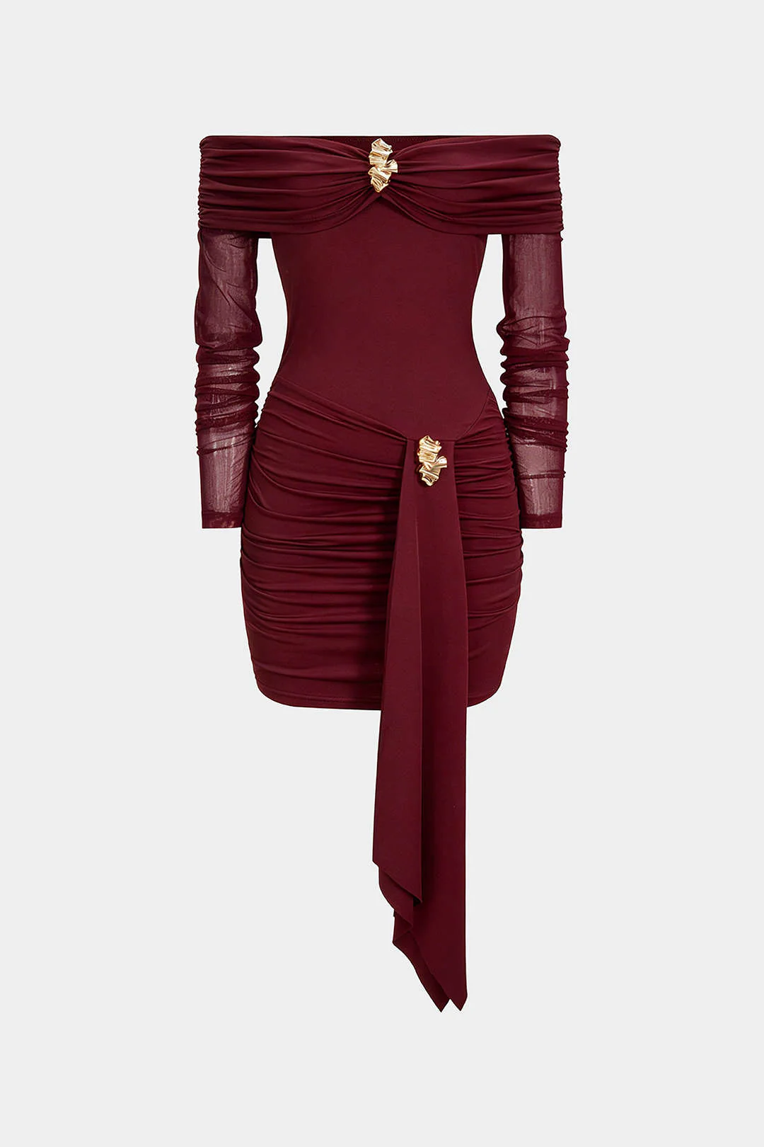 Off Shoulder Sheer Metallic Decor Ruched Long Sleeve Mini Dress - Flockneti
