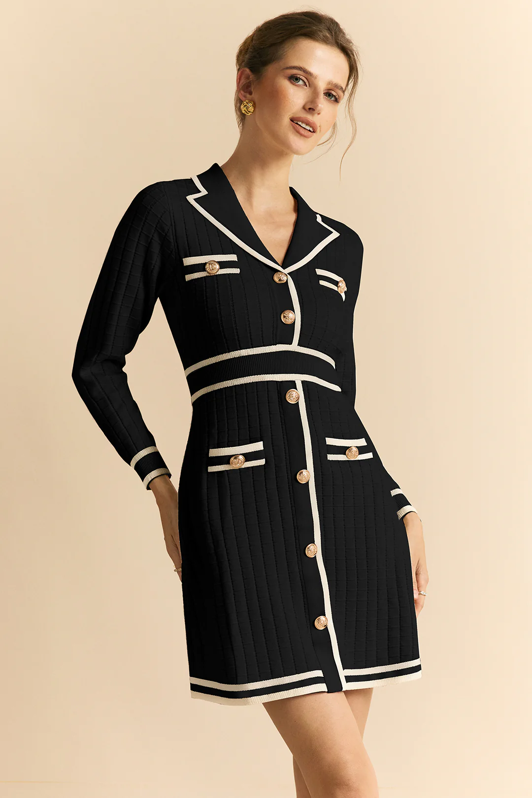 Knit Contrast Metallic Button Long Sleeve Dress - Flockneti