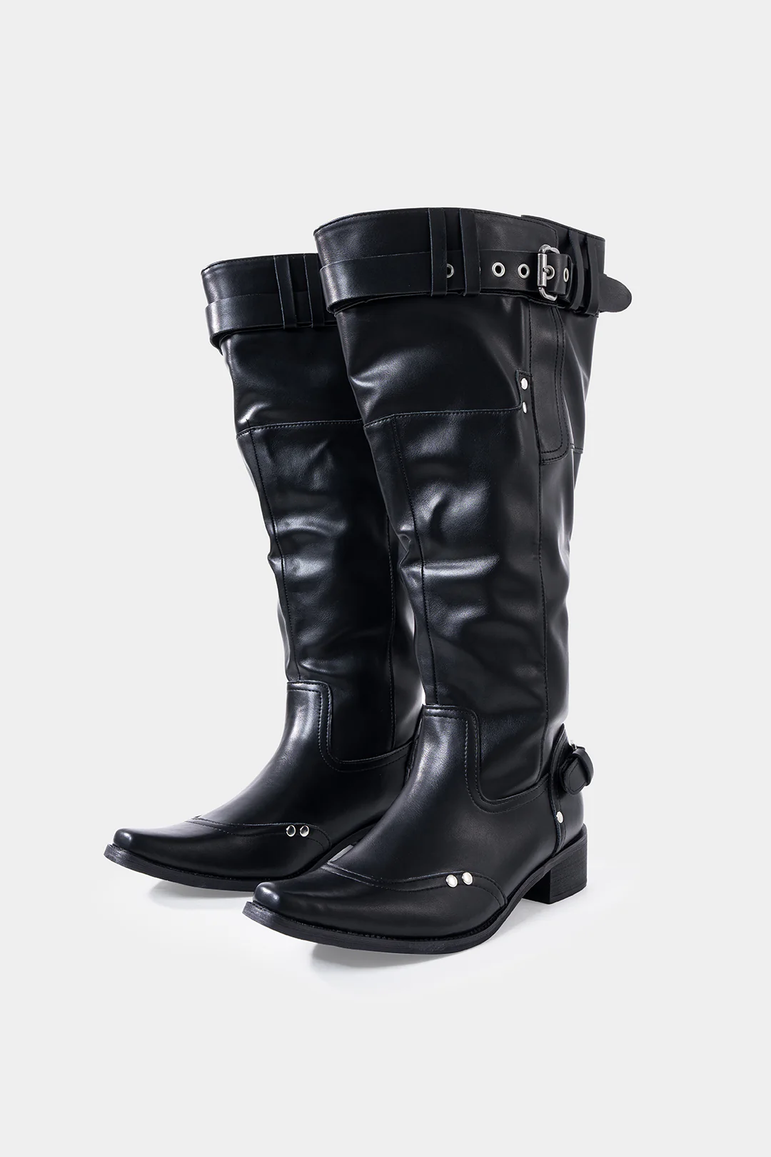 Leather Ruched Buckle Knee High Boots - Flockneti