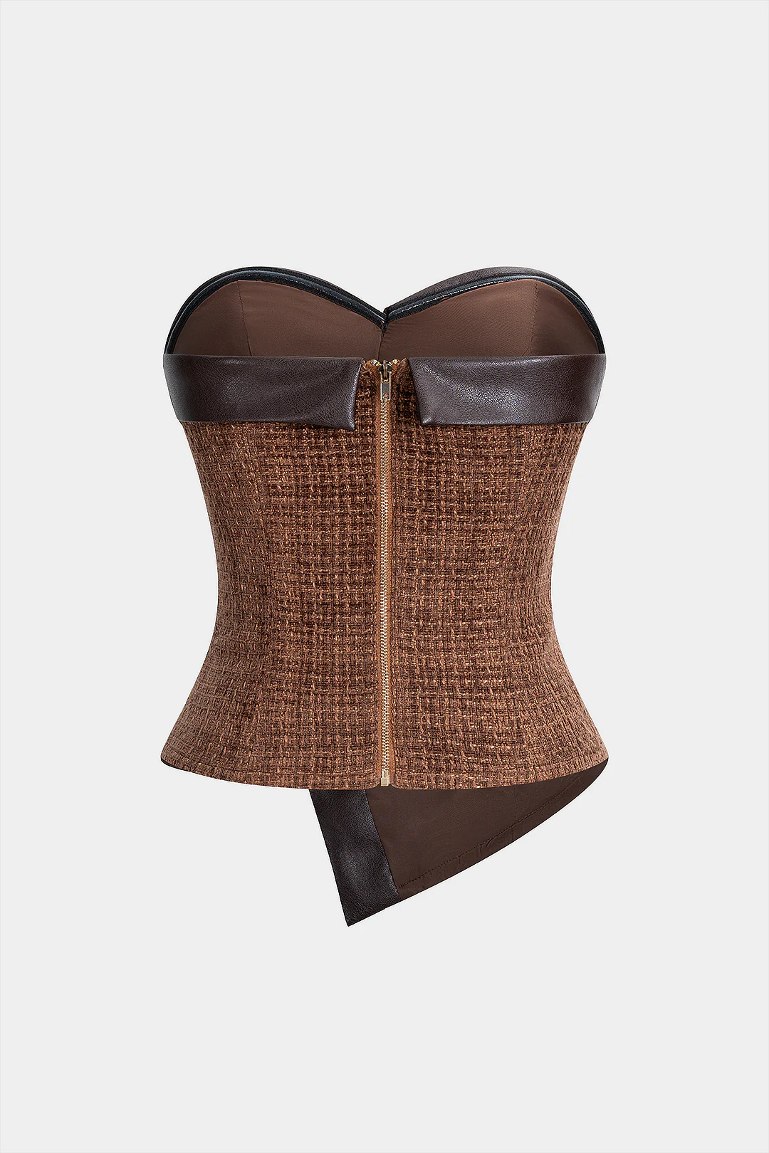 Faux Leather Patchwork  Asymmetrical Button Zipper Tube Top - Flockneti