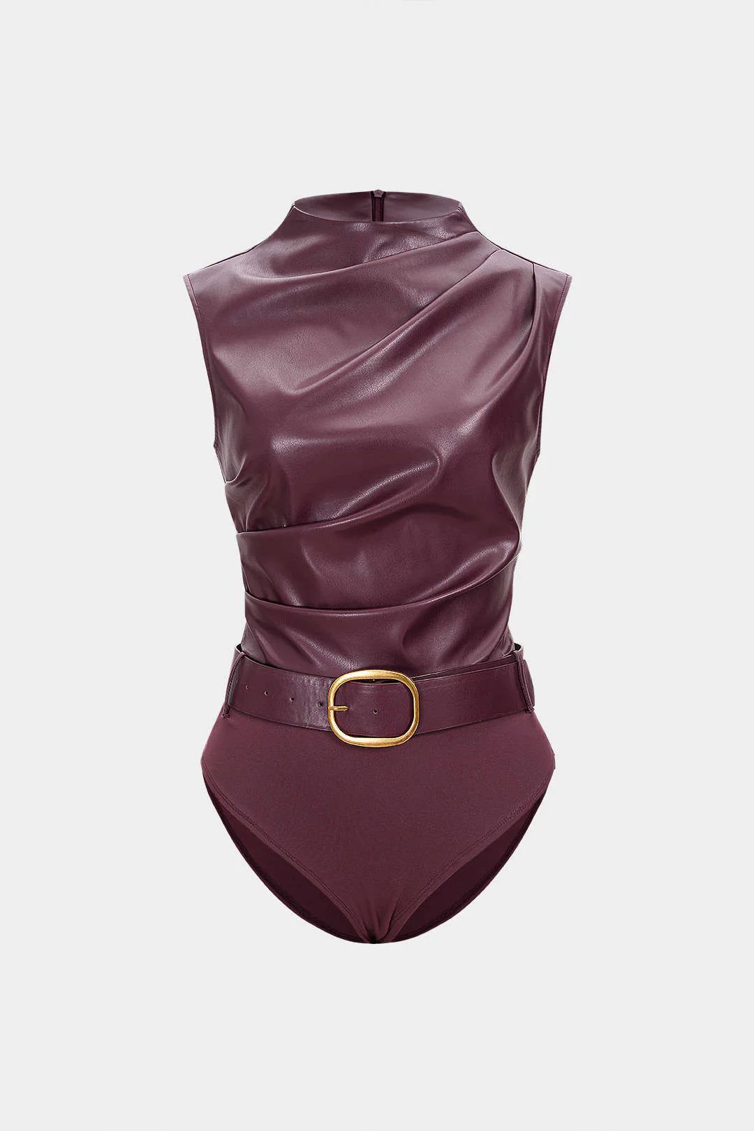 Faux Leather Patchwork Ruched Sleeveless Bodysuit - Flockneti