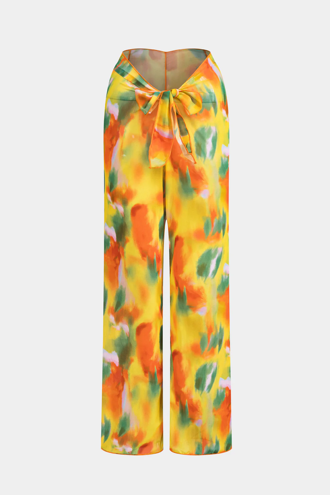 Watercolor Print Chiffon Tie Front Long Sleeve Top And Wide Leg Pants Set - Flockneti