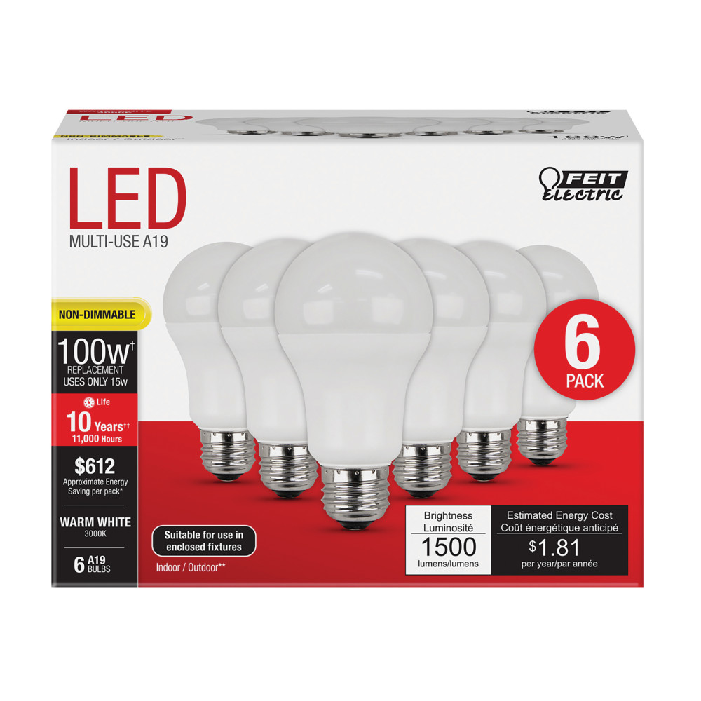 Feit Electric 100W A19 3000K Non-Dimmable LED Bulb 6pk - Flockneti