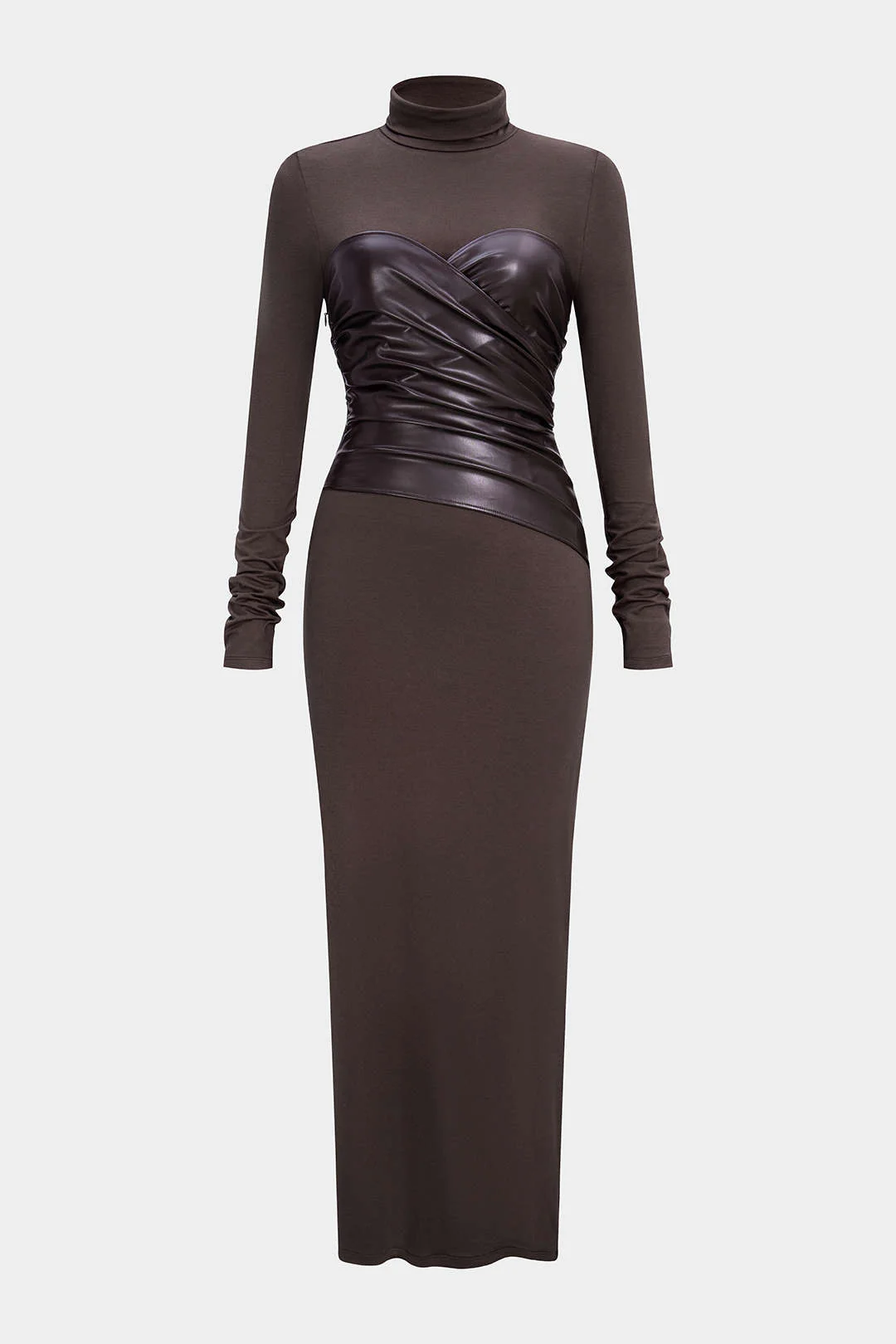 Faux Leather Crossed Ruched Long Sleeve Maxi Dress - Flockneti