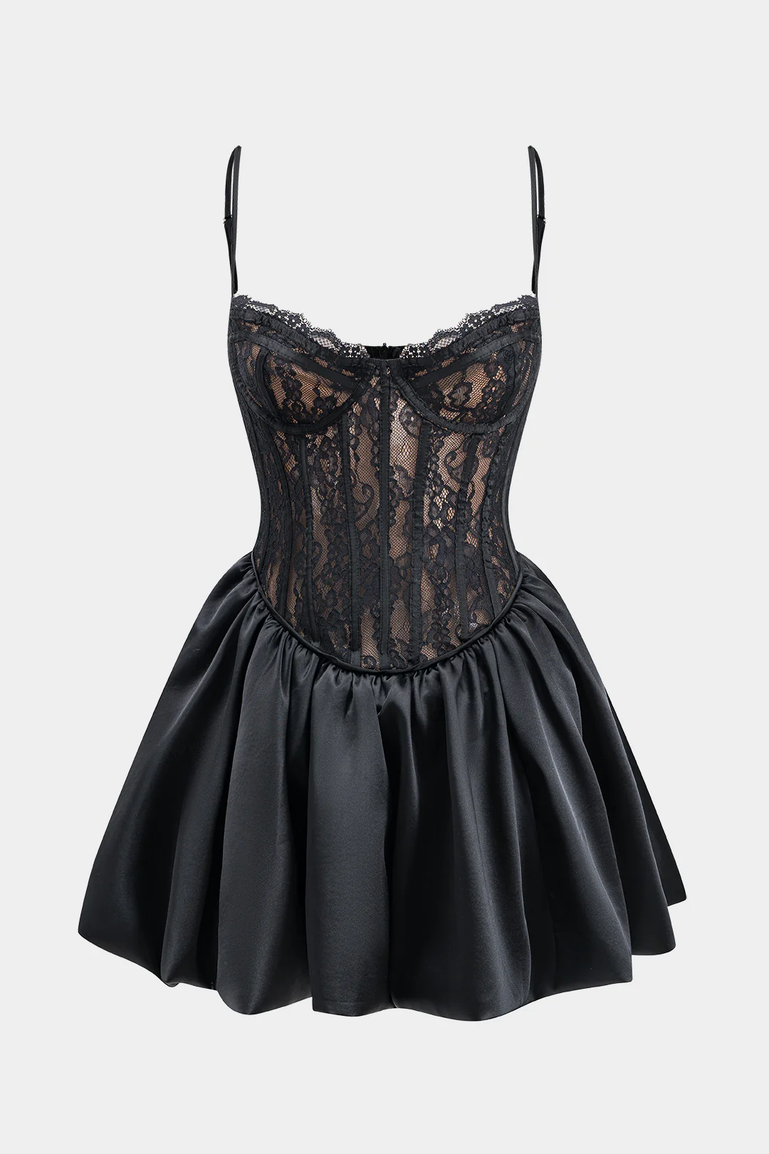 Satin Lace Tie Up puff Hem  Long Sleeve Mini Dress - Flockneti