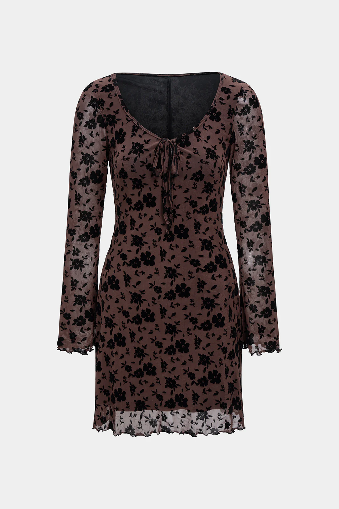 Jacquard Tie-Up Long Sleeve Mini Dress - Flockneti